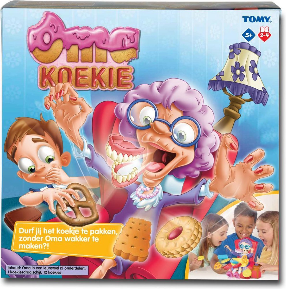 Een bordspeldoos met een cartoon van een oma. Het spel draait om het pakken van koekjes zonder oma wakker te maken.