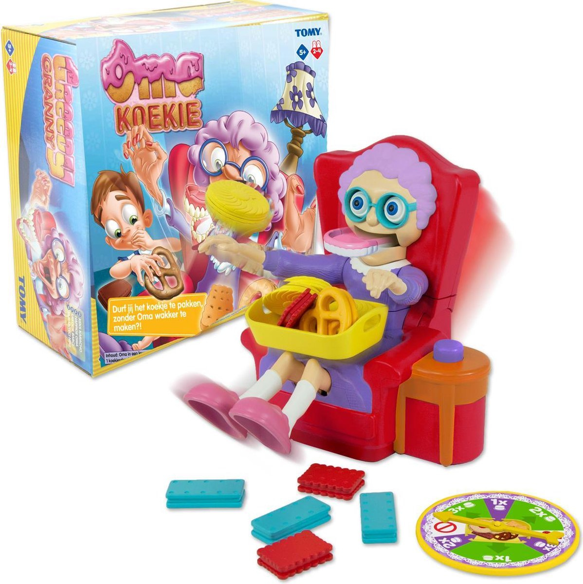 Een bordspel met een oma-cartoonkarakter. Het spel draait om het pakken van koekjes zonder oma wakker te maken.