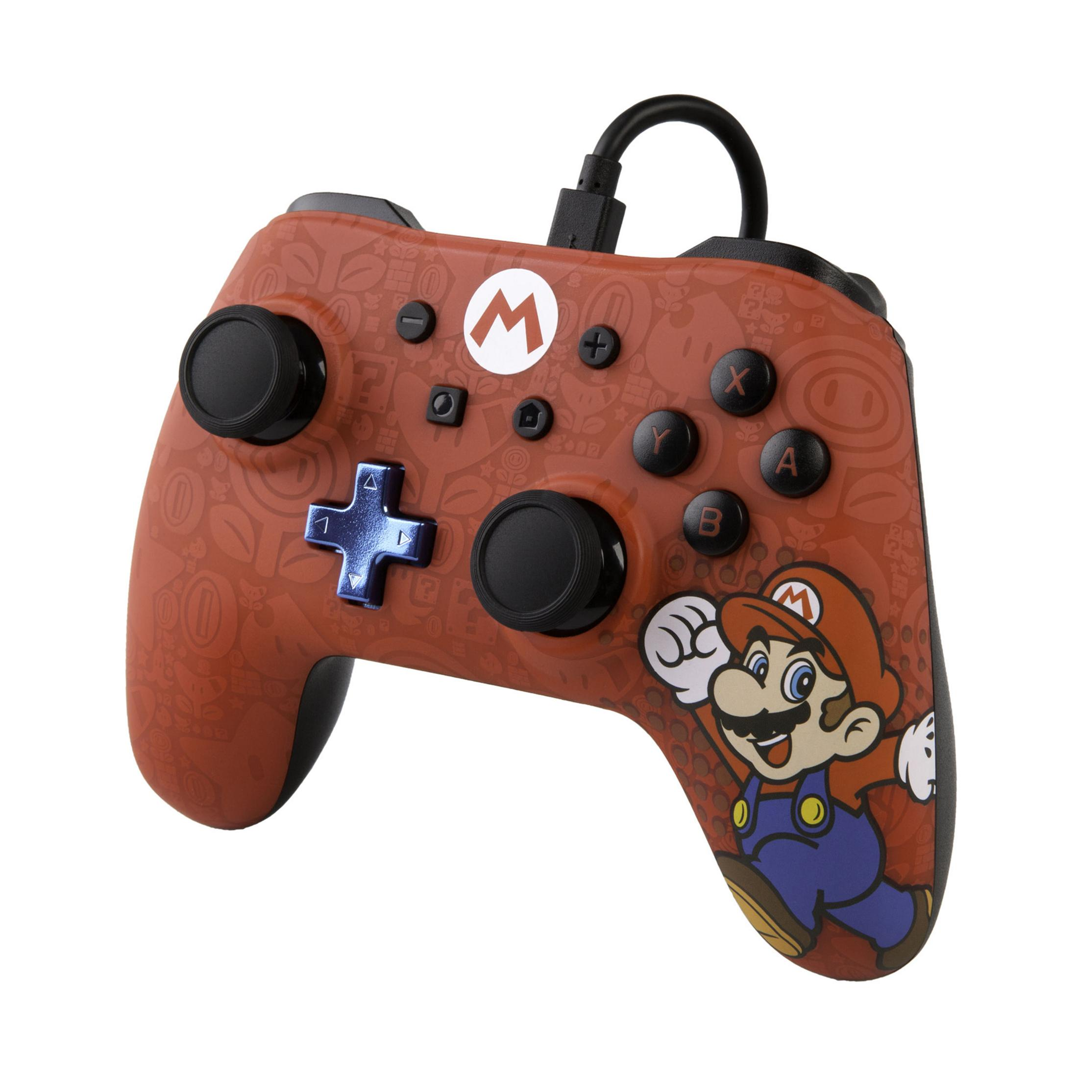 Roter und schwarzer Nintendo Switch-Controller mit Mario-Grafik, Knöpfen und einem schwarzen Kabel.