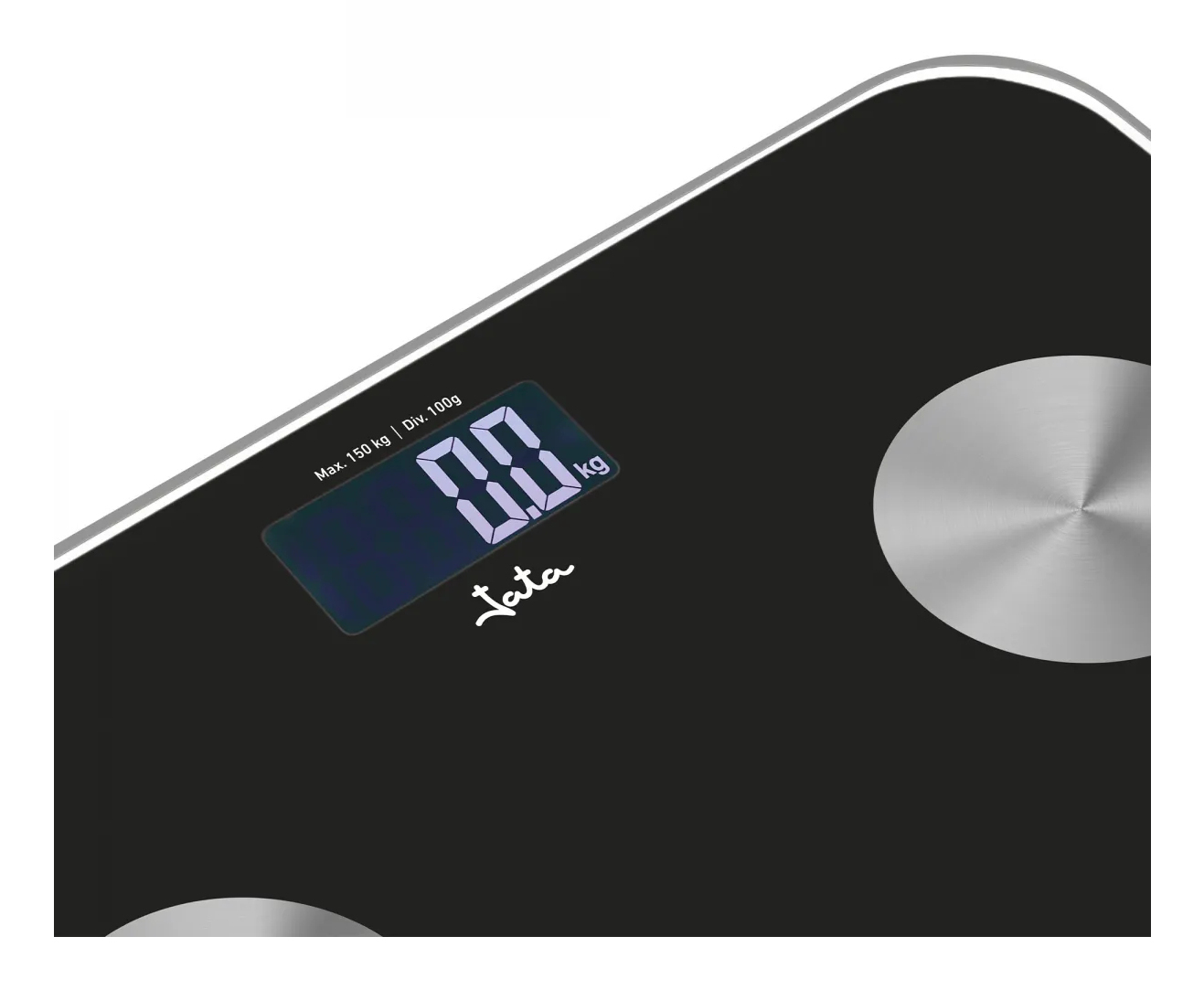 Czarna waga cyfrowa wyświetlająca '0.0 kg'. Widoczne logo Jata.