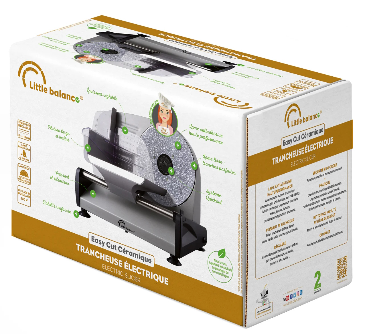 Pudełko z krajalnicą elektryczną, szczegółami produktu i ilustracją szefa kuchni z kreskówki.