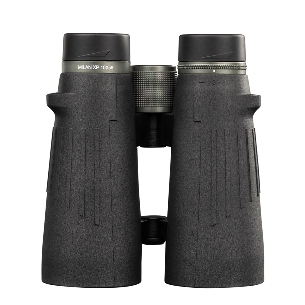 Czarne lornetki z szarymi akcentami na białym tle. Widoczna nazwa marki.