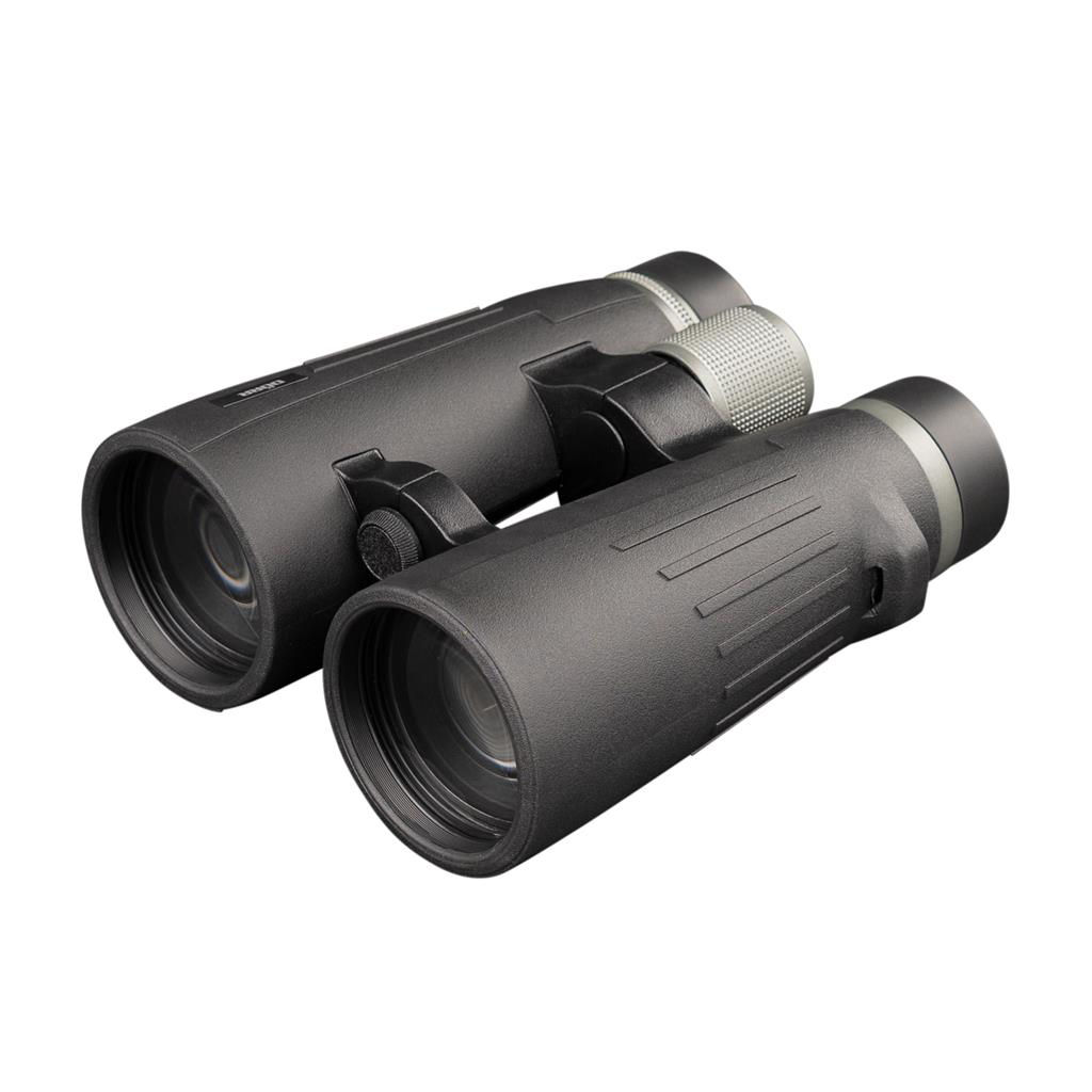 Czarne lornetki z szarym akcentem na białym tle. Widoczna nazwa marki.