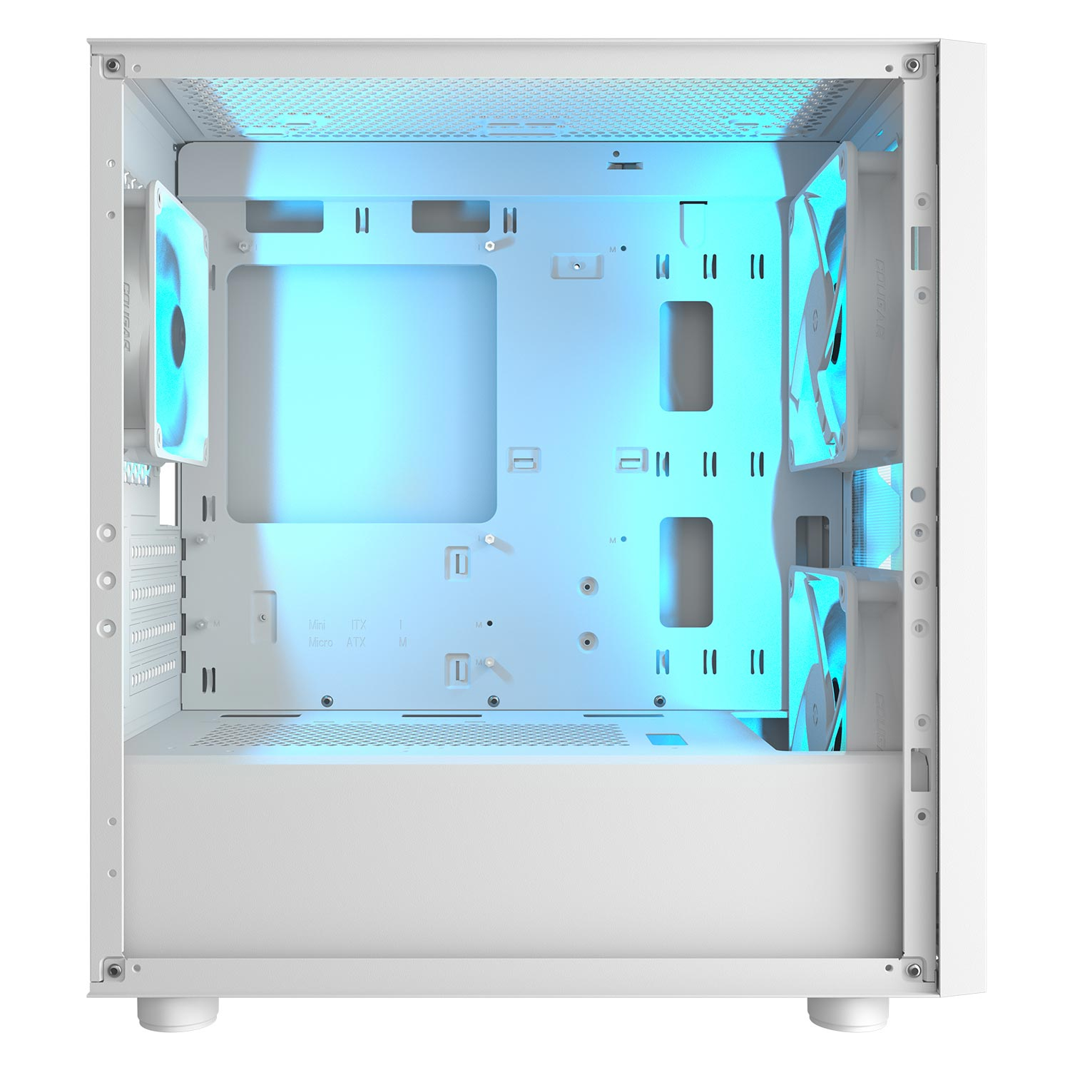 Interno di case per computer bianco vuoto con ventole illuminate di blu.