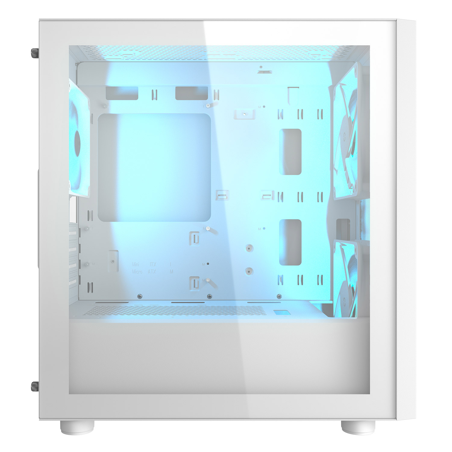 Case PC bianco con lato in vetro. Contiene ventole illuminate di blu e punti di montaggio.