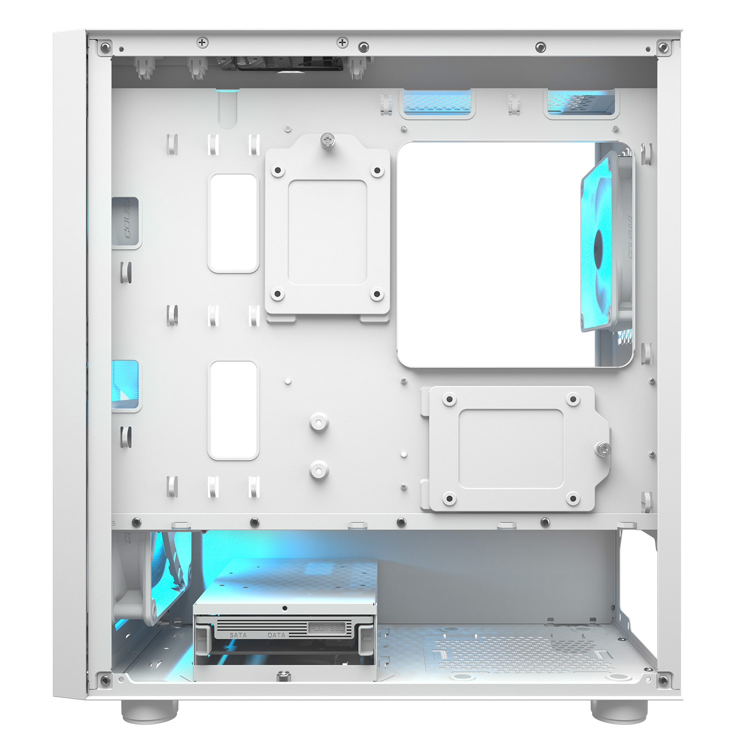 Interno di case per computer bianco vuoto con ventole illuminate di blu.