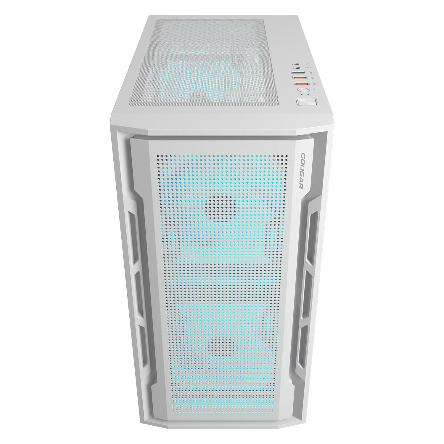 Case PC Cougar bianco. Il pannello frontale ha delle perforazioni con illuminazione blu.
