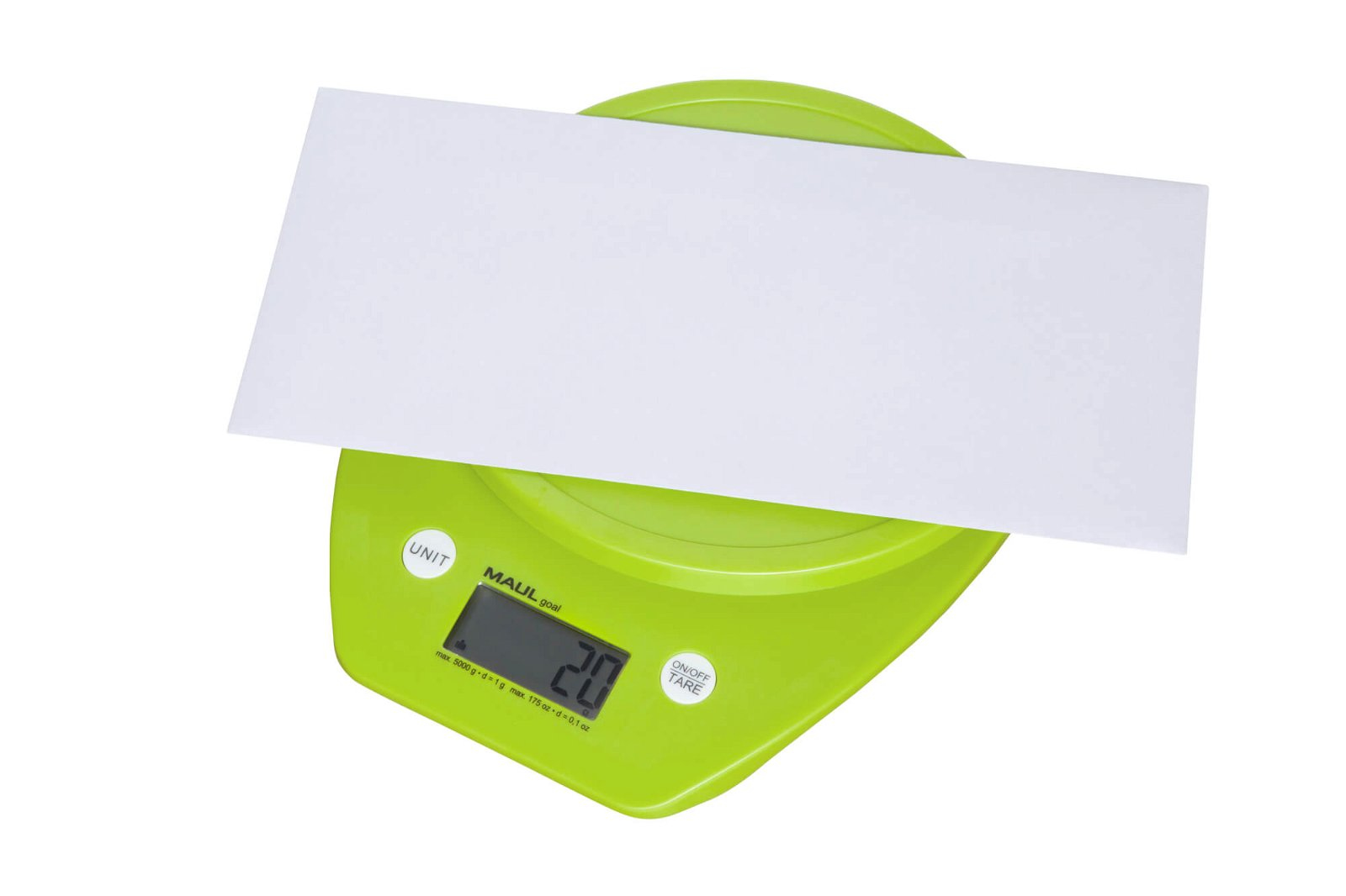 Zielona waga kuchenna z białym prostokątem na górze. Wyświetla '20' na cyfrowym ekranie.