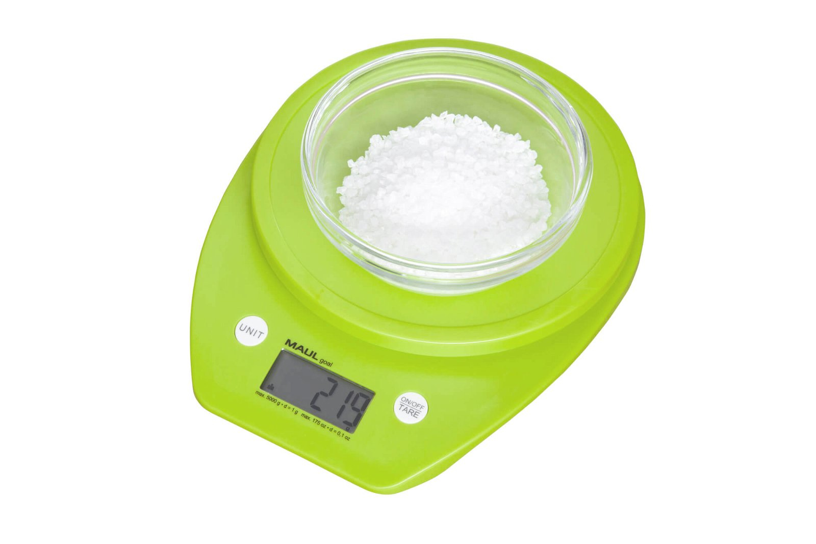 Zielona waga ze szklaną miską z białymi granulkami. Waga wskazuje 219.
