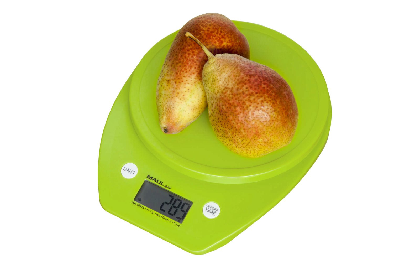 Zielona waga z trzema gruszkami. Waga wskazuje 289.