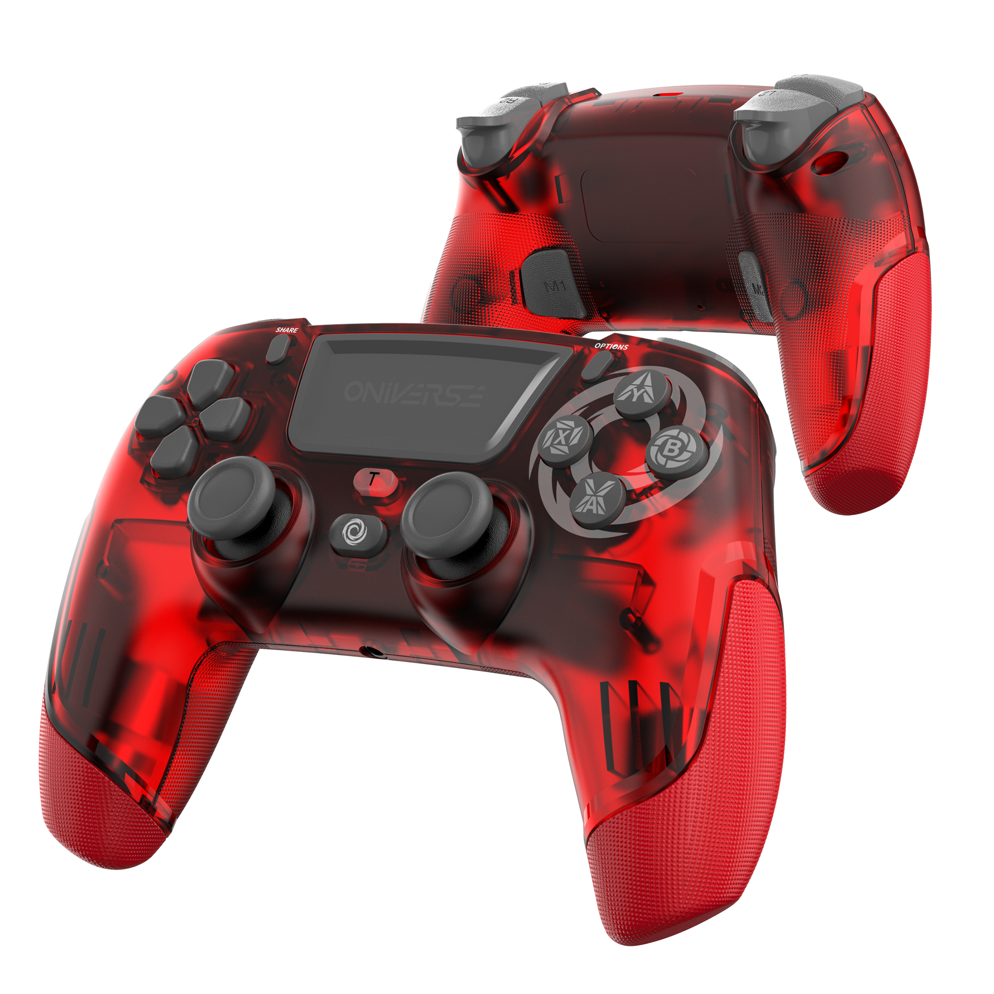 Roter, transparenter Gamecontroller mit zwei Ansichten.