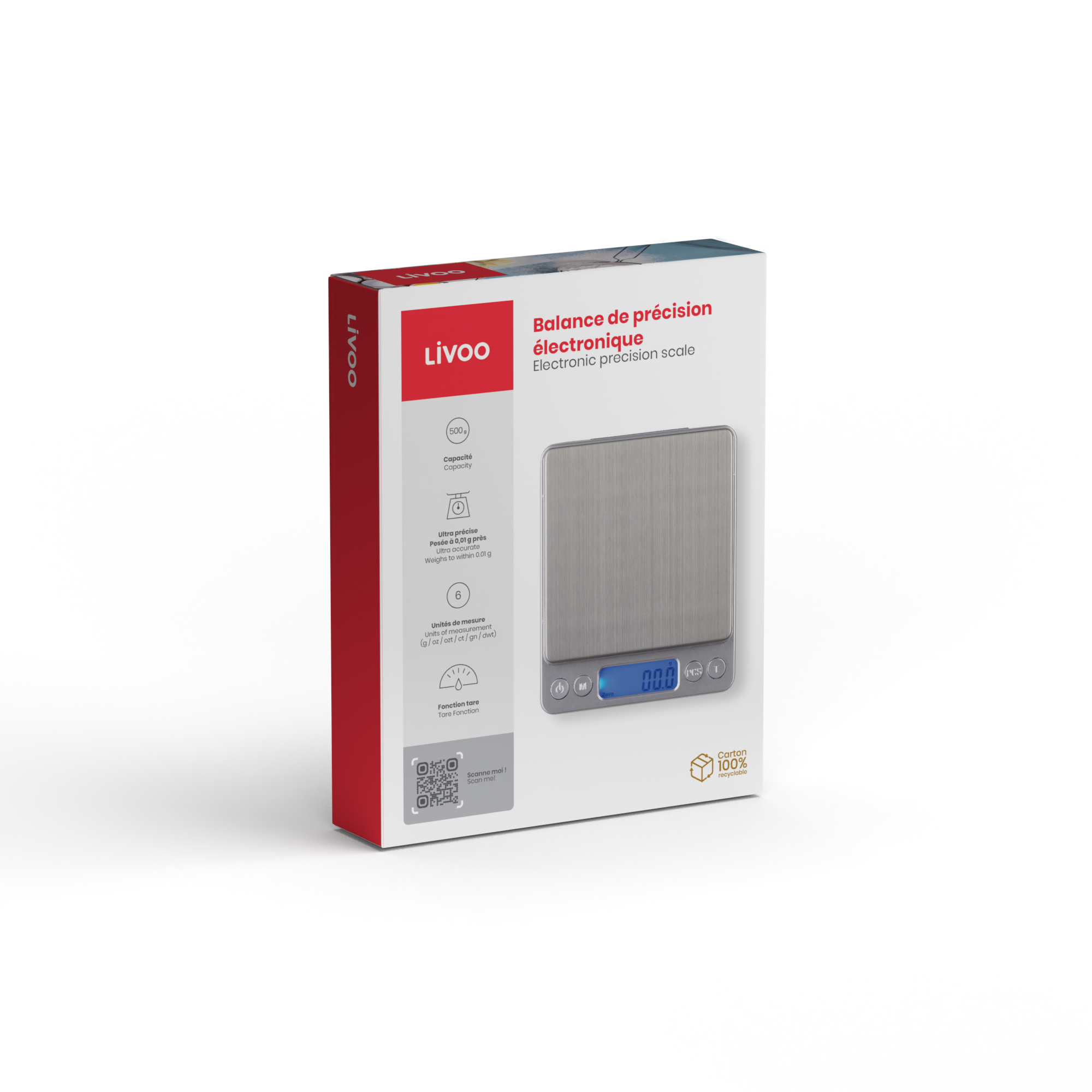 Zapakowana elektroniczna waga precyzyjna, z tekstem i obrazami opisującymi jej funkcje.