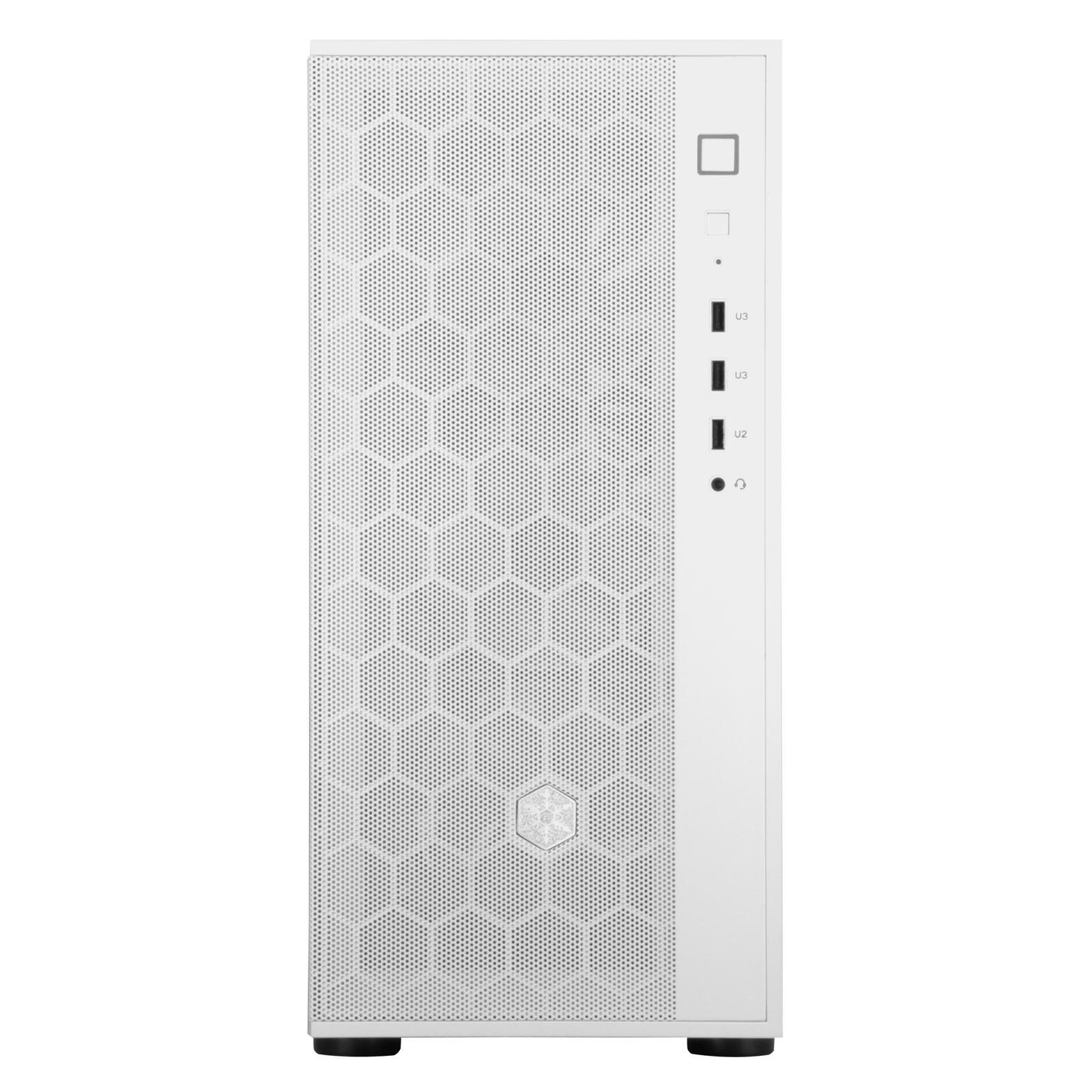 Een witte computerkast met een honingraatgaas voorkant en poorten aan de zijkant.