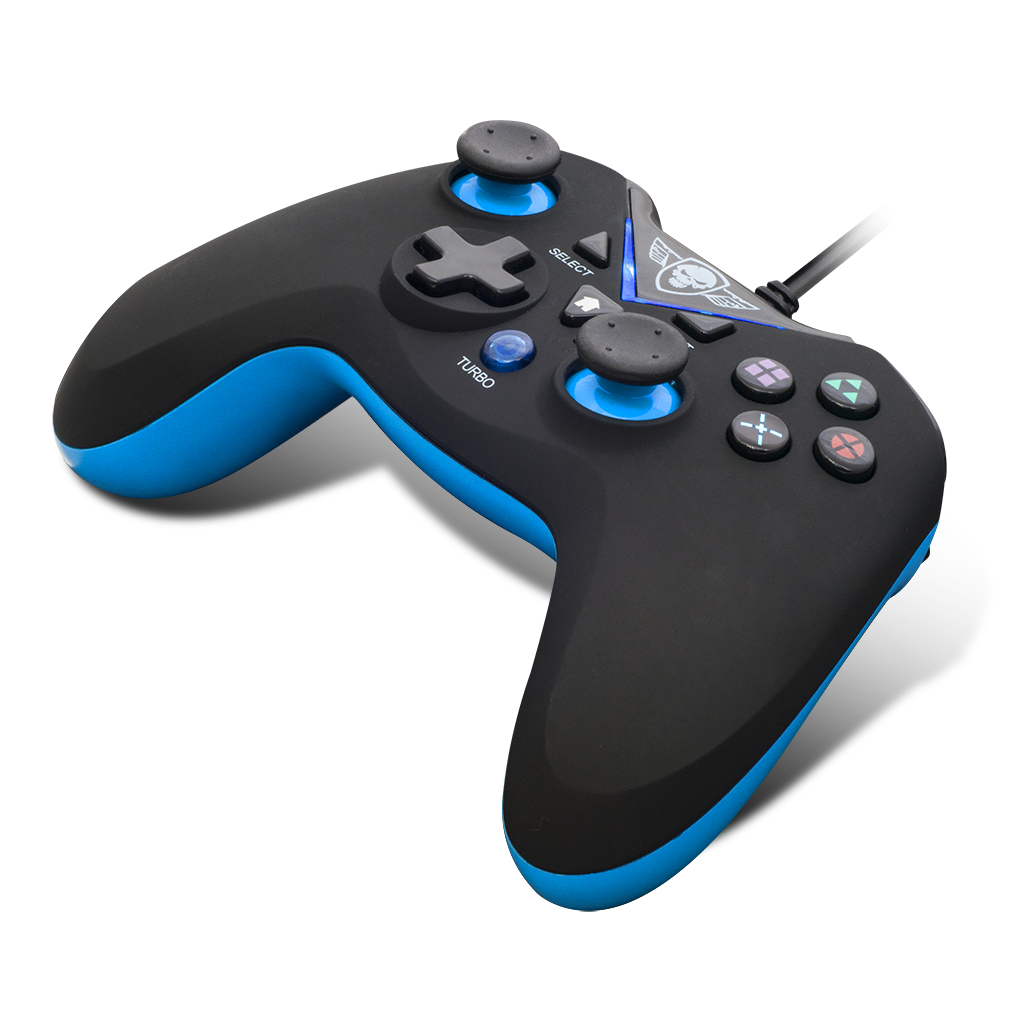 Czarny i niebieski gamepad z przyciskami i logo czaszki na białym tle.