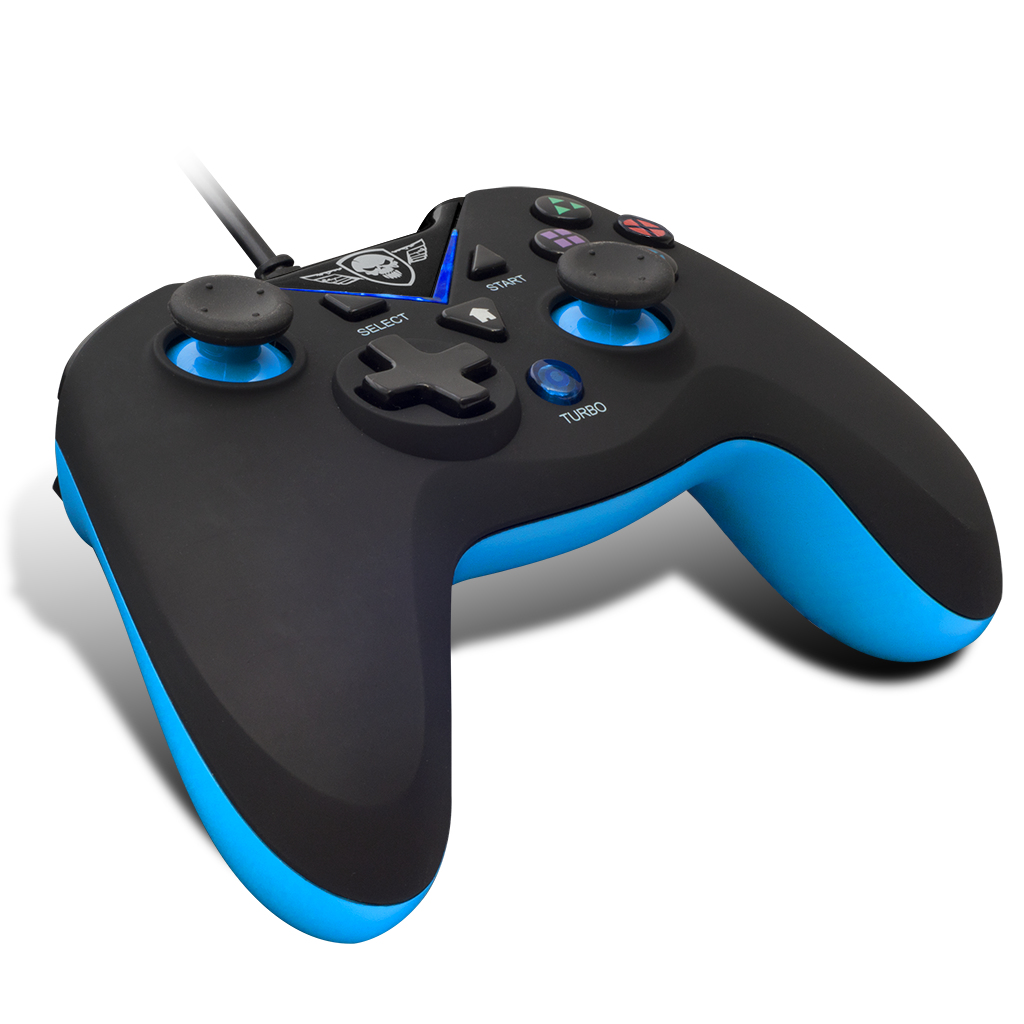 Czarny i niebieski gamepad z przyciskami, logo czaszki i białym tłem.