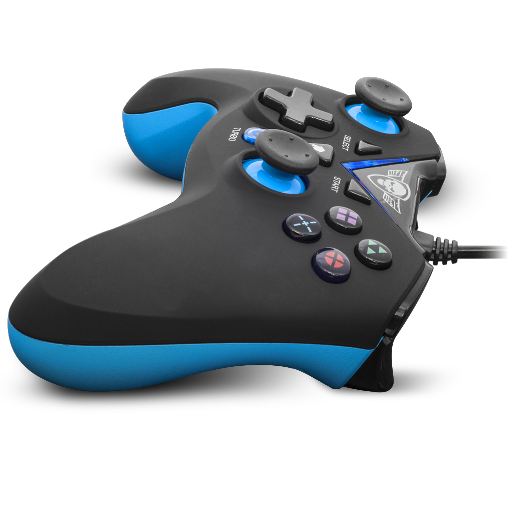 Czarno-niebieski gamepad pod kątem, z przyciskami i logo czaszki na białej powierzchni.