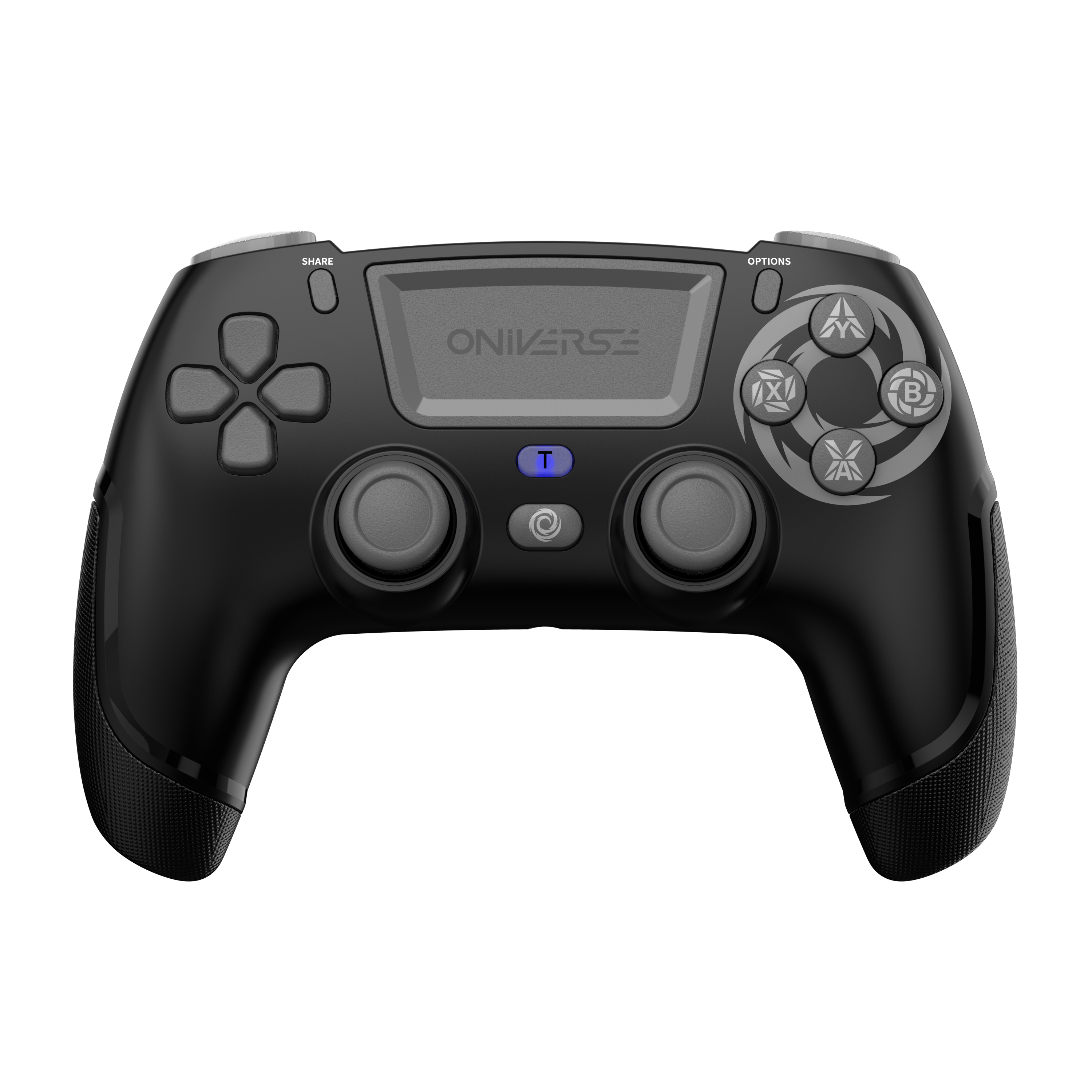 Controller di gioco nero con pulsanti e schermo, centrato su sfondo bianco.