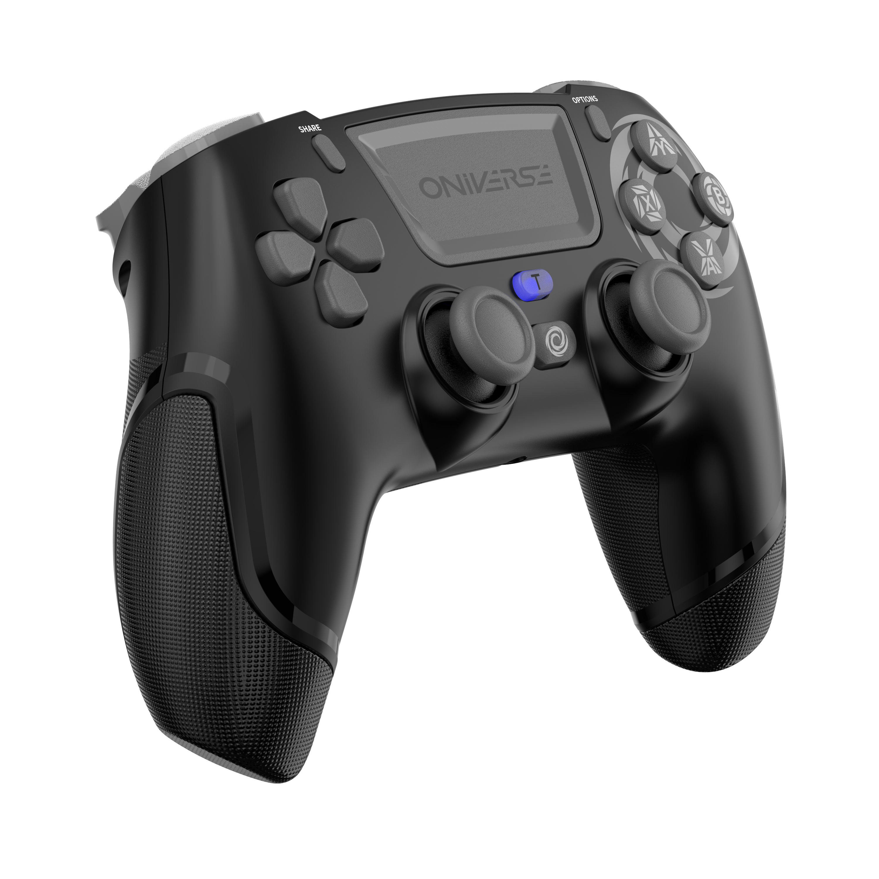 Controller di gioco nero. Vista angolata. Pulsanti, levette, grilletti. Logo ONIVERSE visibile.