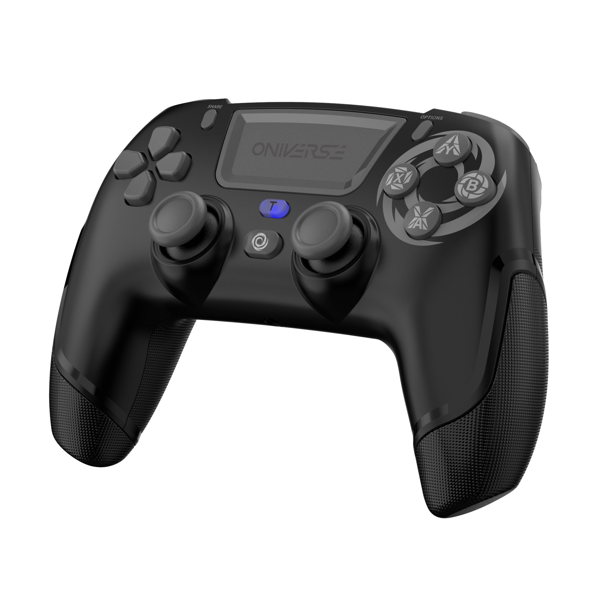 Controller gamepad nero con pulsanti. Marchio Oniverse visibile. Due joystick e D-pad.