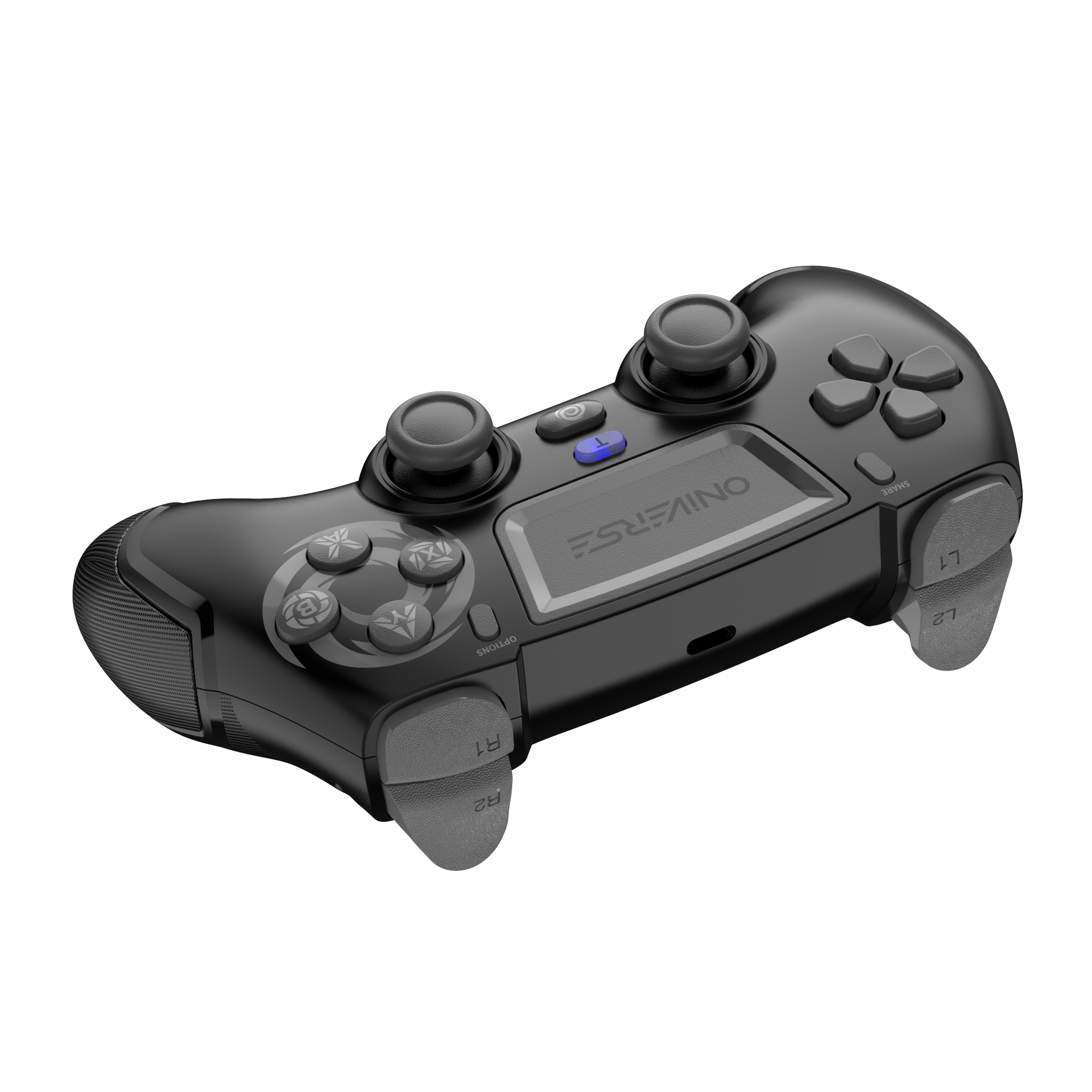 Controller di gioco nero. Pulsanti, levette e grilletti. Dettagli grigi e blu. Logo ONIVERSE visibile.
