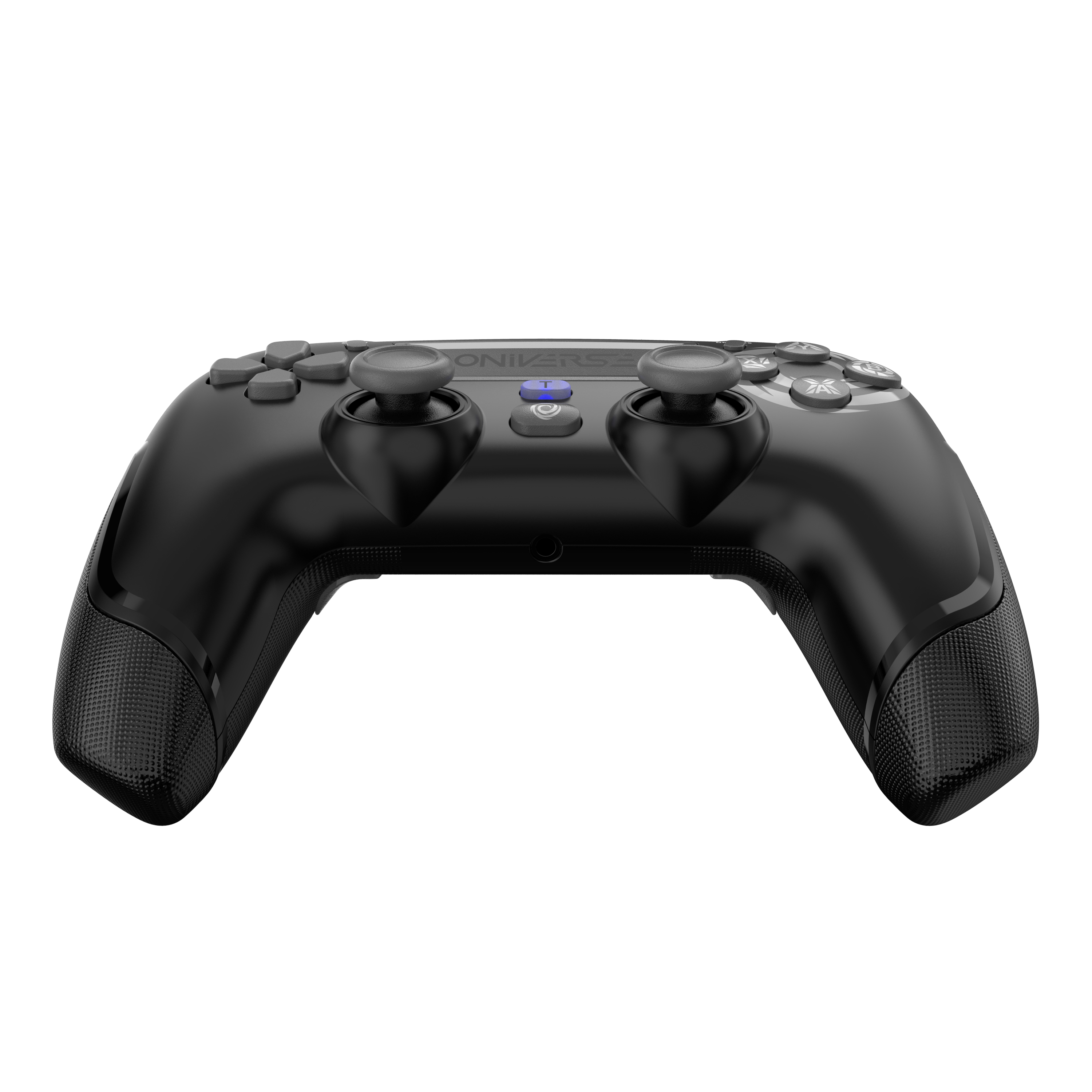 Controller di gioco nero, vista dall'alto. Pulsanti, levette, grilletti e un pulsante centrale.