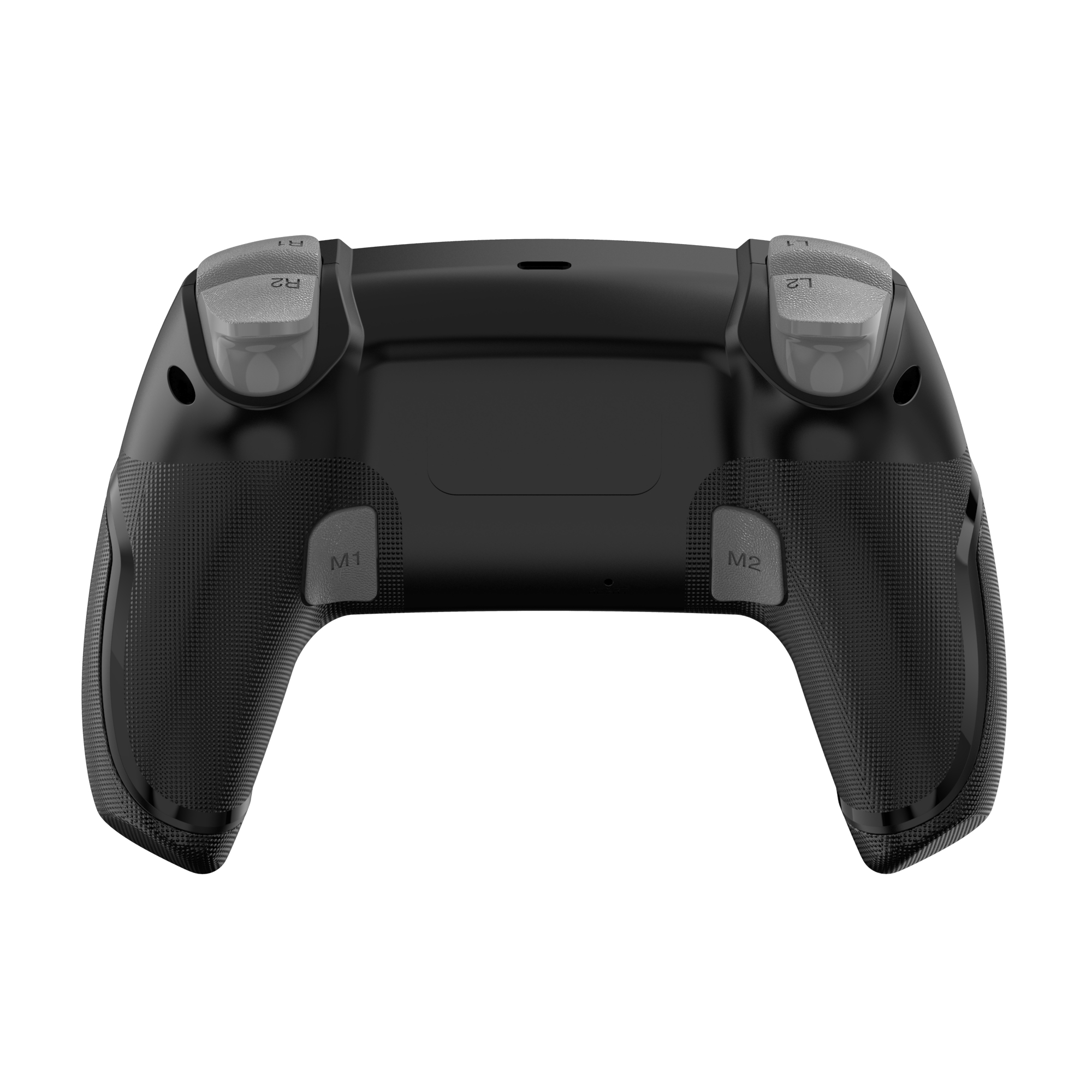 Controller di gioco nero, vista posteriore. Ha grilletti e texture di presa. Etichettato M1, M2, R1 e R2.