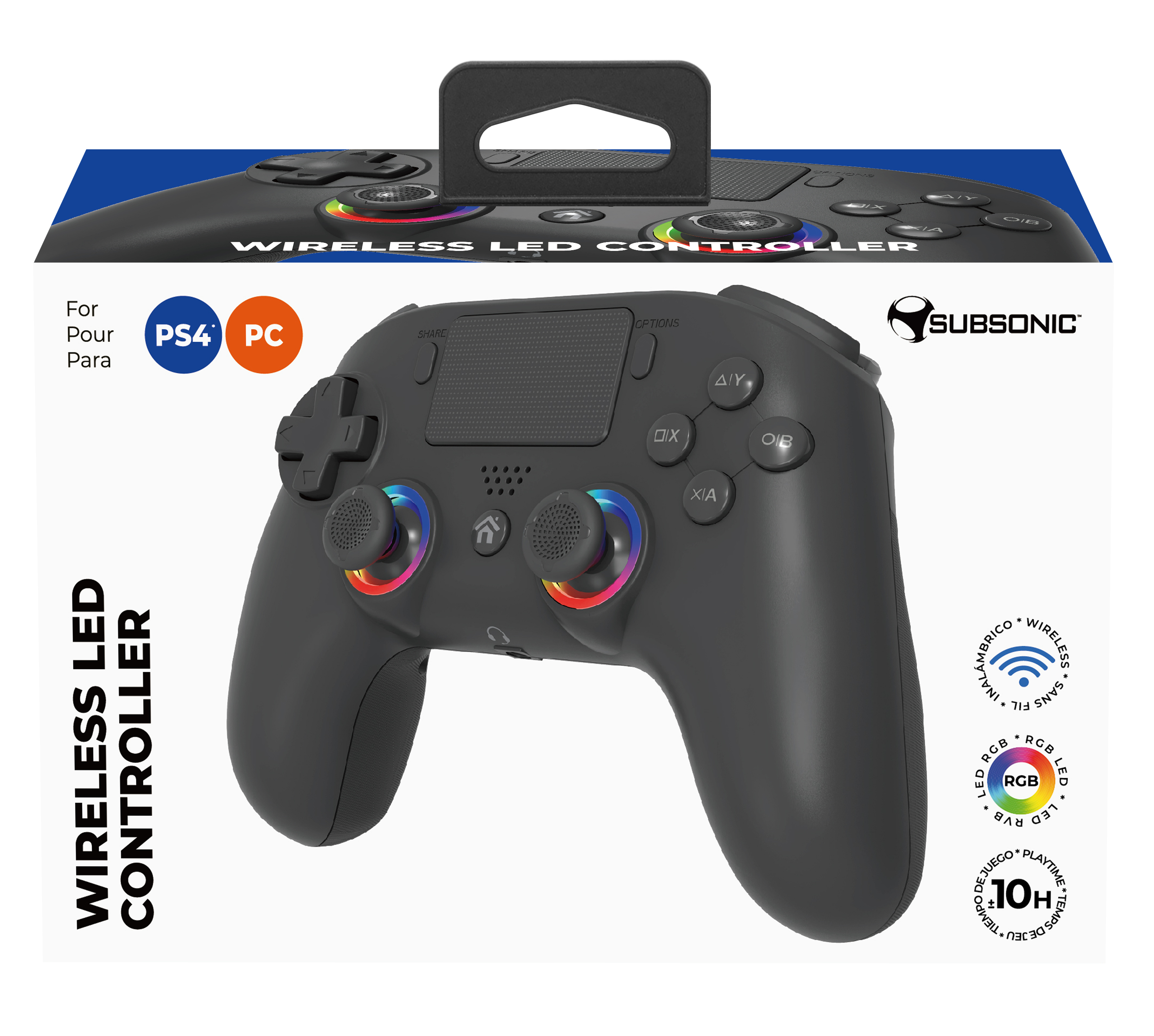 Czarny kontroler do gier z pudełkiem; tekst: Wireless LED controller.