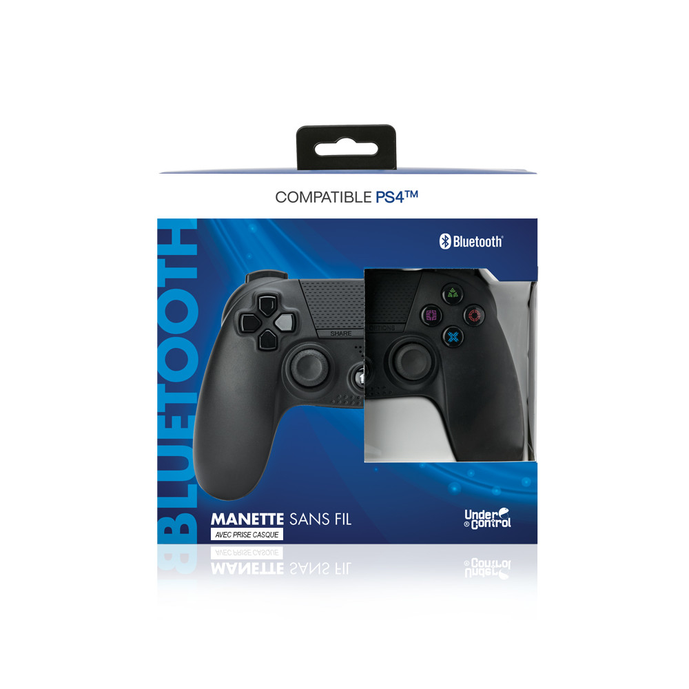 Czarny kontroler do gier w pudełku, białe tło, kompatybilny z PS4.