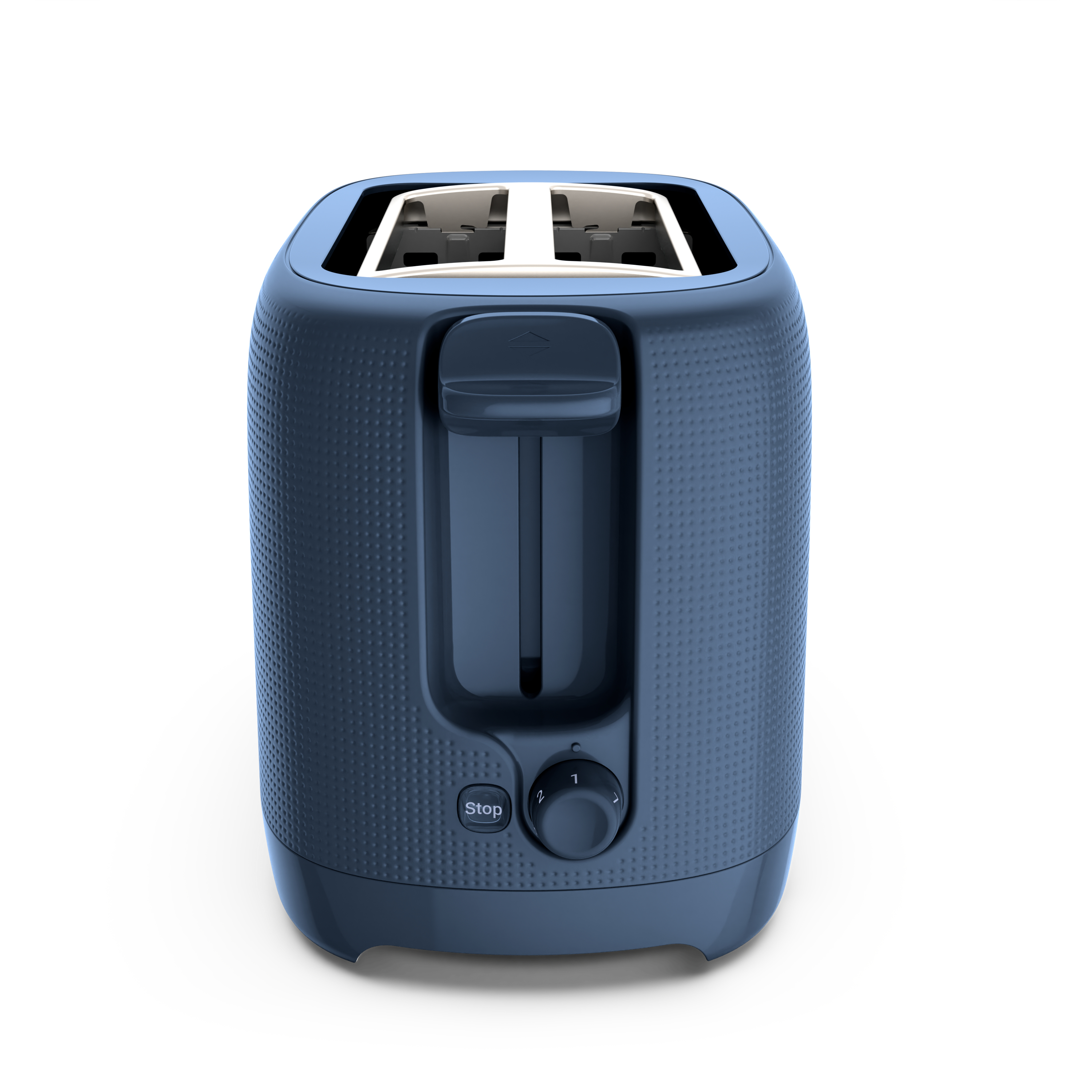 Ein blauer Toaster mit einem Drehregler von 1 bis 2 und einer Stopptaste.