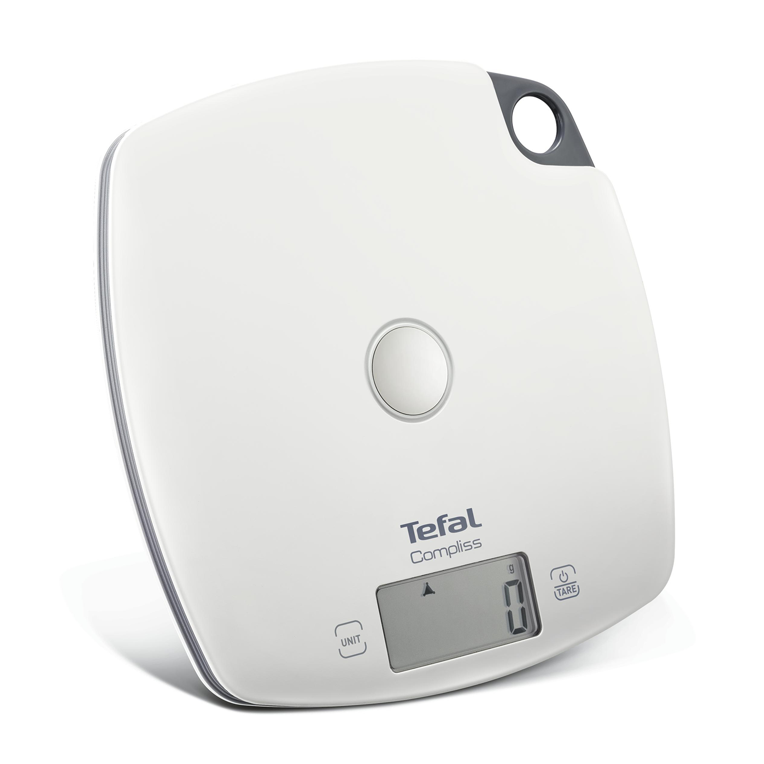 Witte Tefal Compliss keukenweegschaal met een digitale display die nul weergeeft.