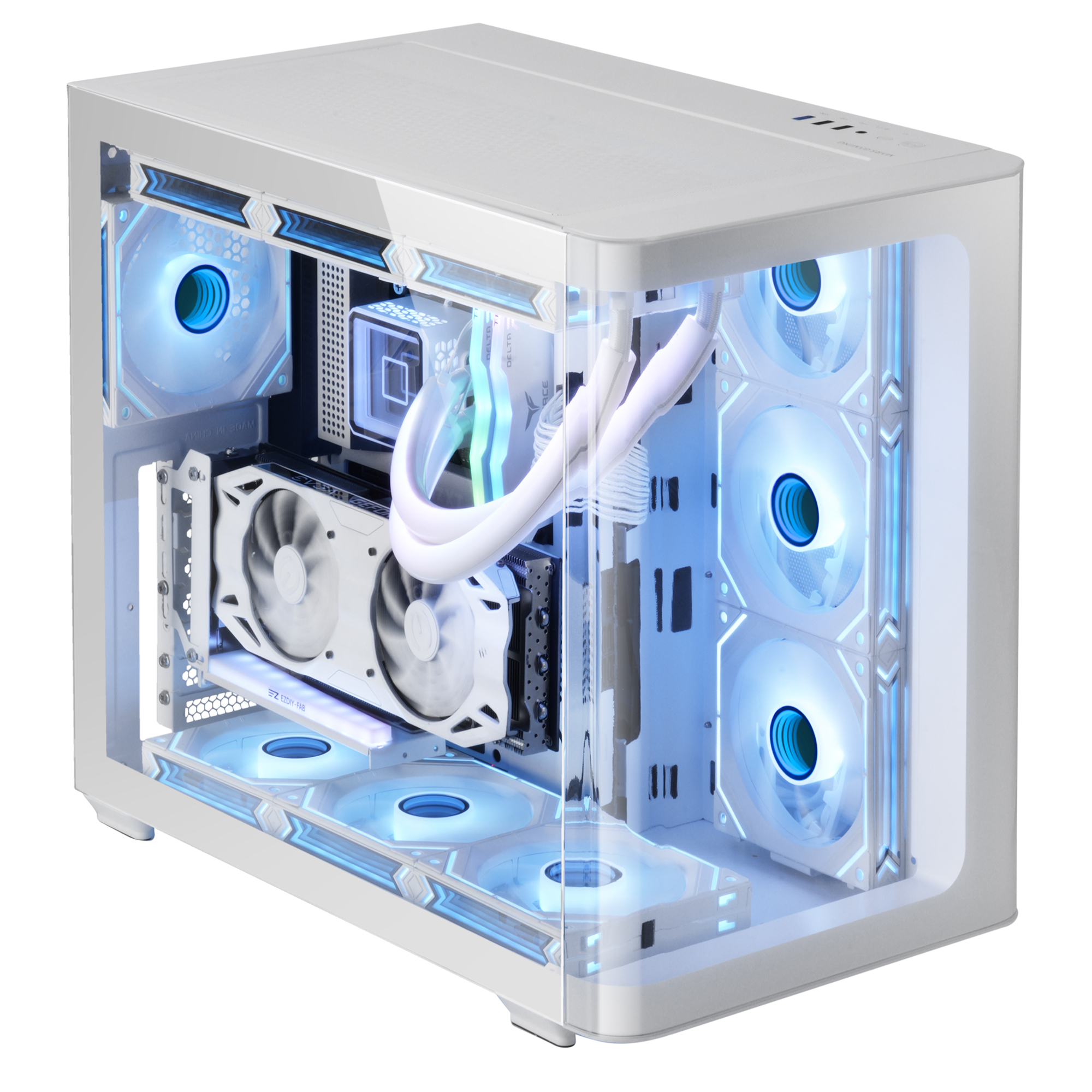 Biały PC ze szklanym bokiem, widoczne komponenty wewnętrzne, podświetlane wentylatory.