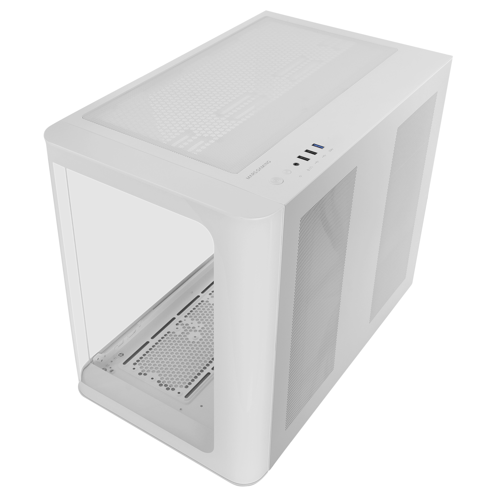 Biała obudowa komputera z góry. Posiada szklany panel boczny i panel górny z siatki z portami USB.
