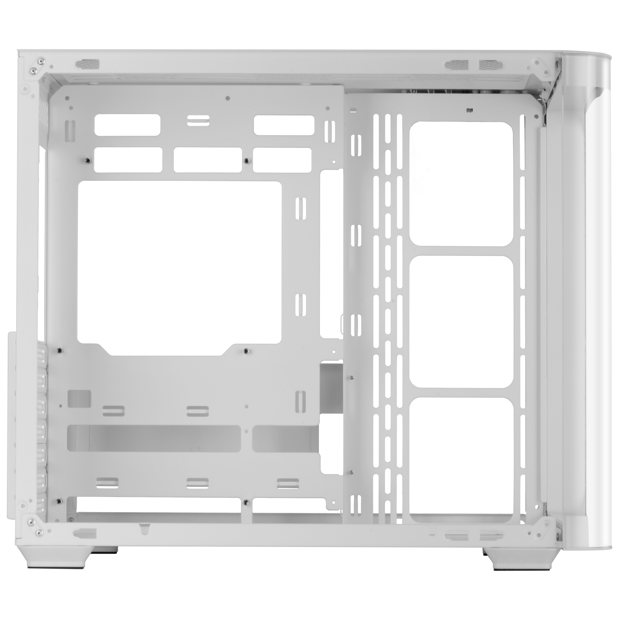 Wnętrze białej obudowy komputera, pokazujące konstrukcję ramy i punkty montażowe.