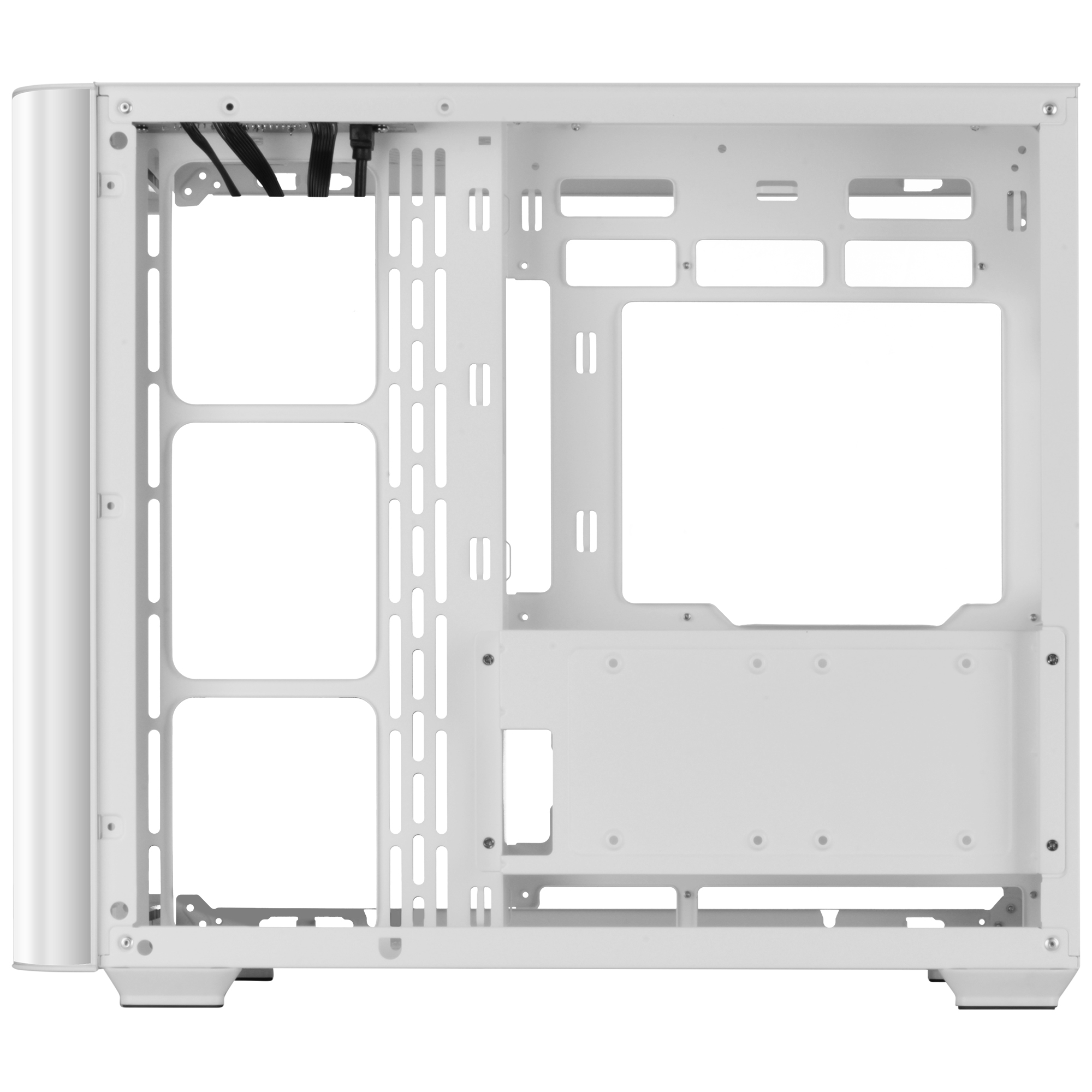 Wnętrze białej obudowy komputera z widoczną konstrukcją ramy i otworami montażowymi.