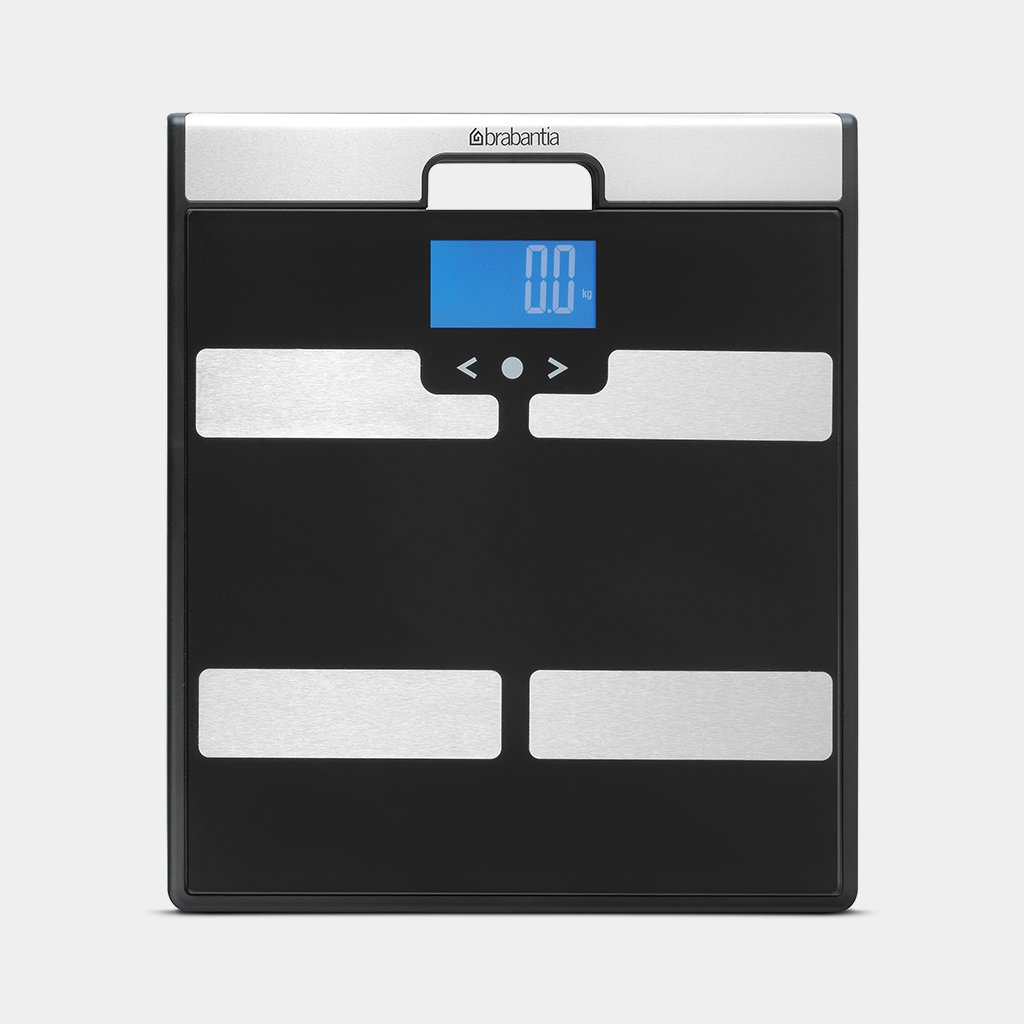 Czarna i srebrna cyfrowa waga łazienkowa z niebieskim wyświetlaczem pokazującym '0,0 kg'. Białe tło.