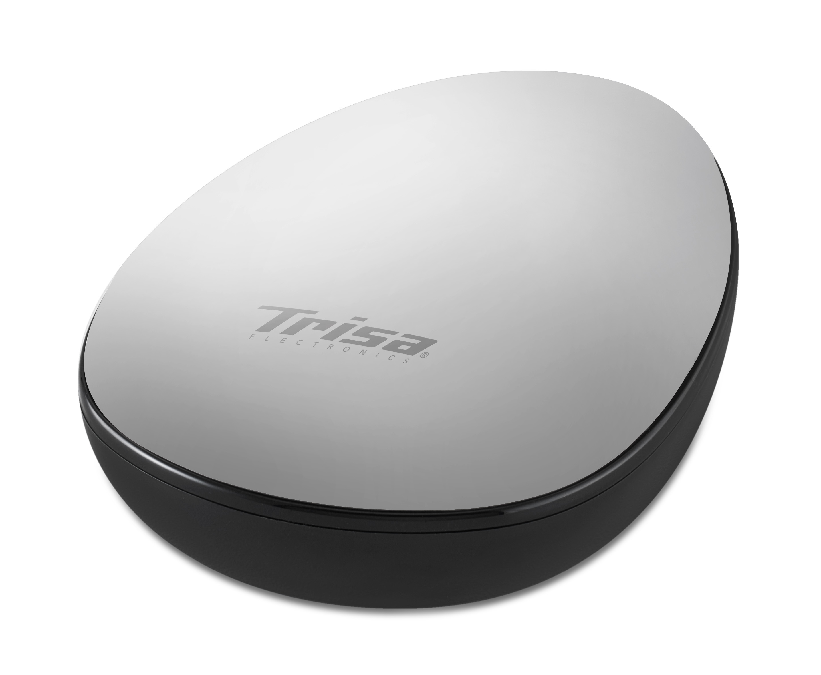Silbernes und schwarzes ovales Gerät mit der Marke 'Trisa Electronics'.