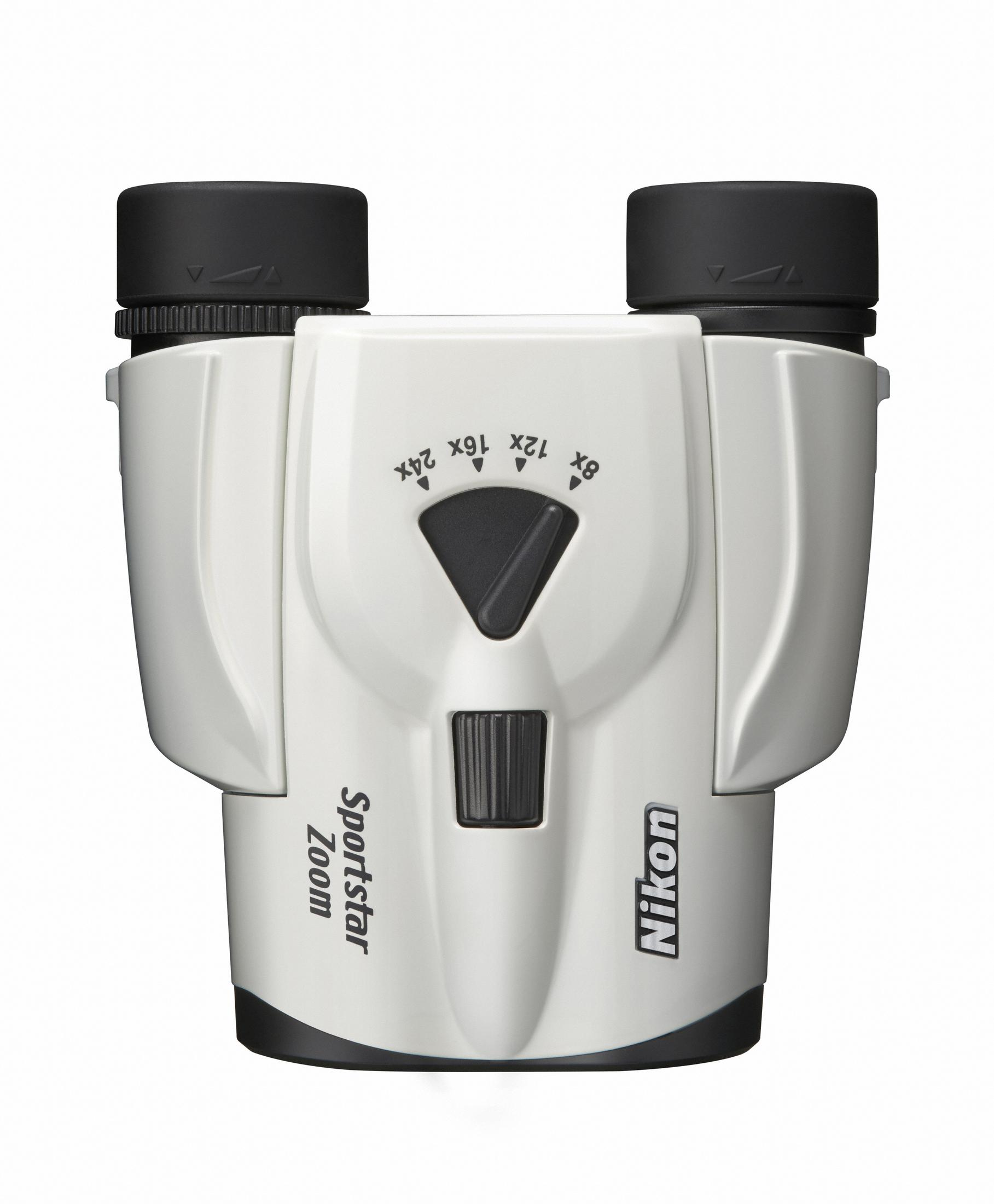 Binocolo Nikon Sportstar Zoom bianco, visto dall'alto. Impostazioni zoom visibili. Sfondo bianco.