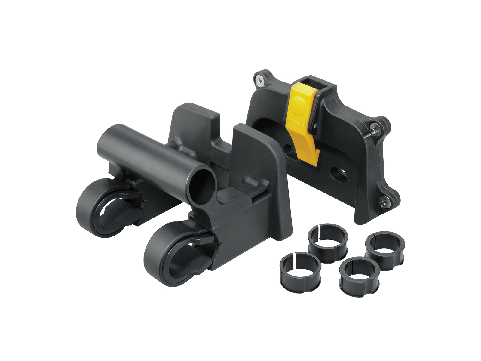 Czarne części rowerowe z żółtymi akcentami i zestaw czarnych pierścieni, na białym tle.