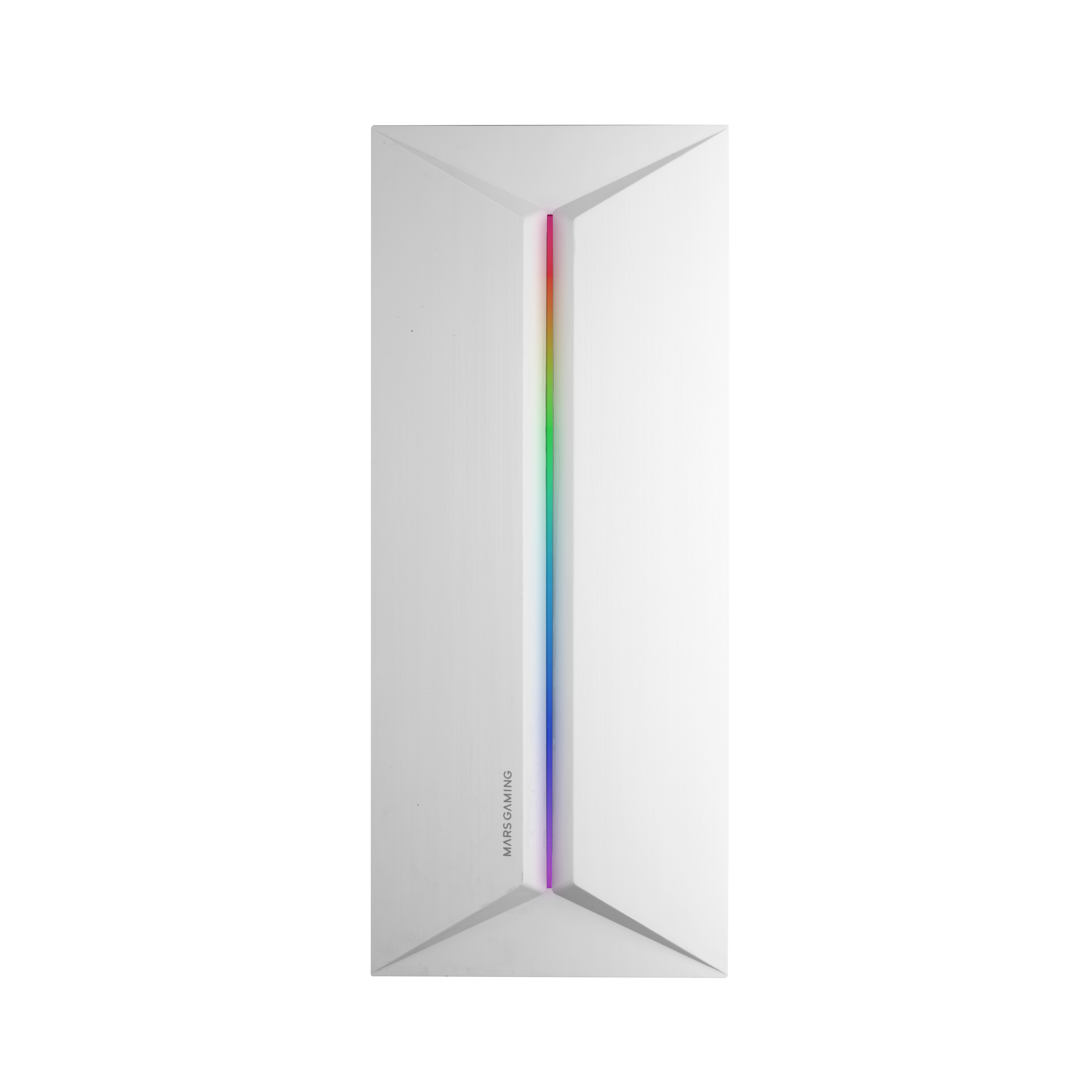 Case PC bianco con striscia luminosa RGB verticale. Design frontale minimalista.