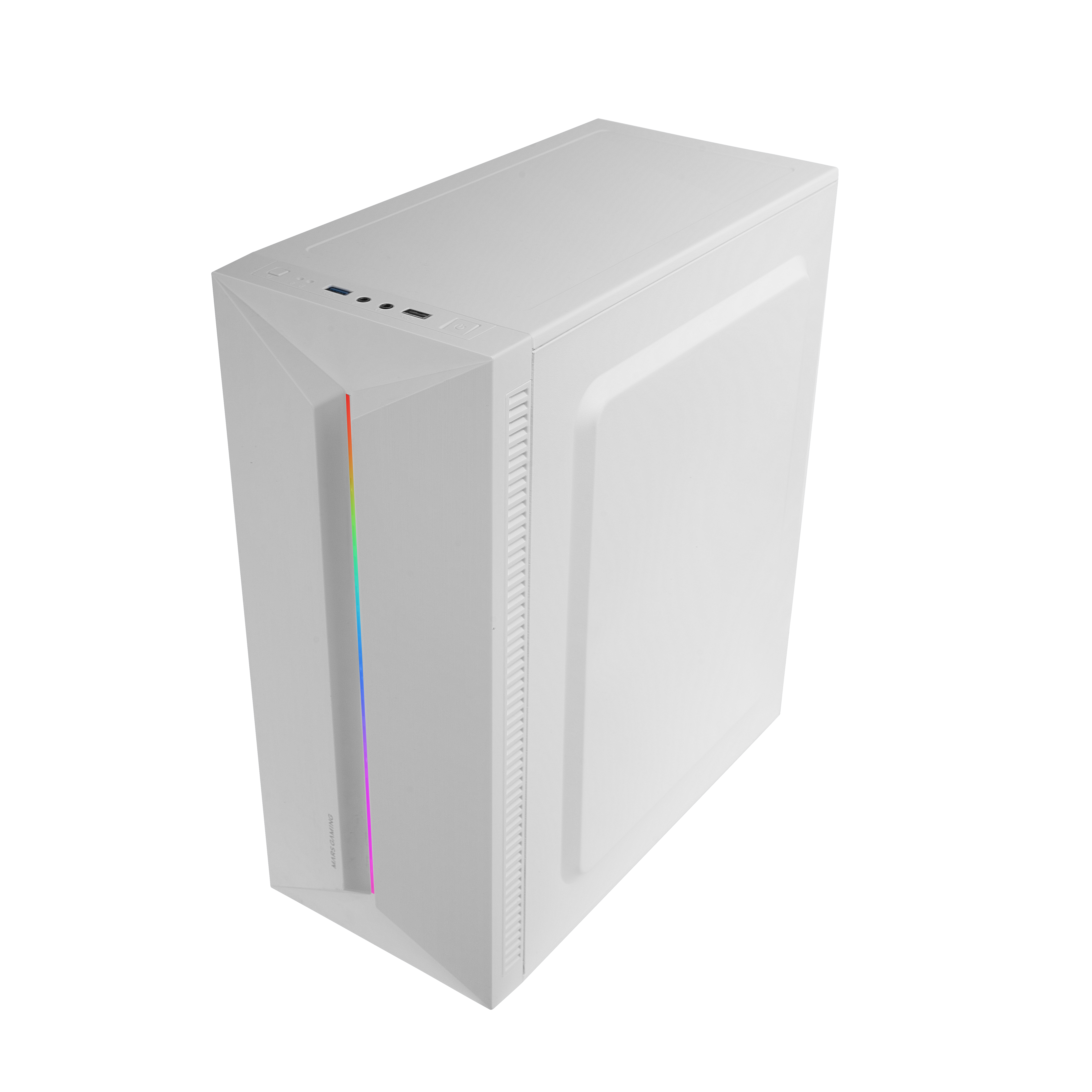 Case PC bianco con design angolare, luce RGB e un aspetto minimalista.