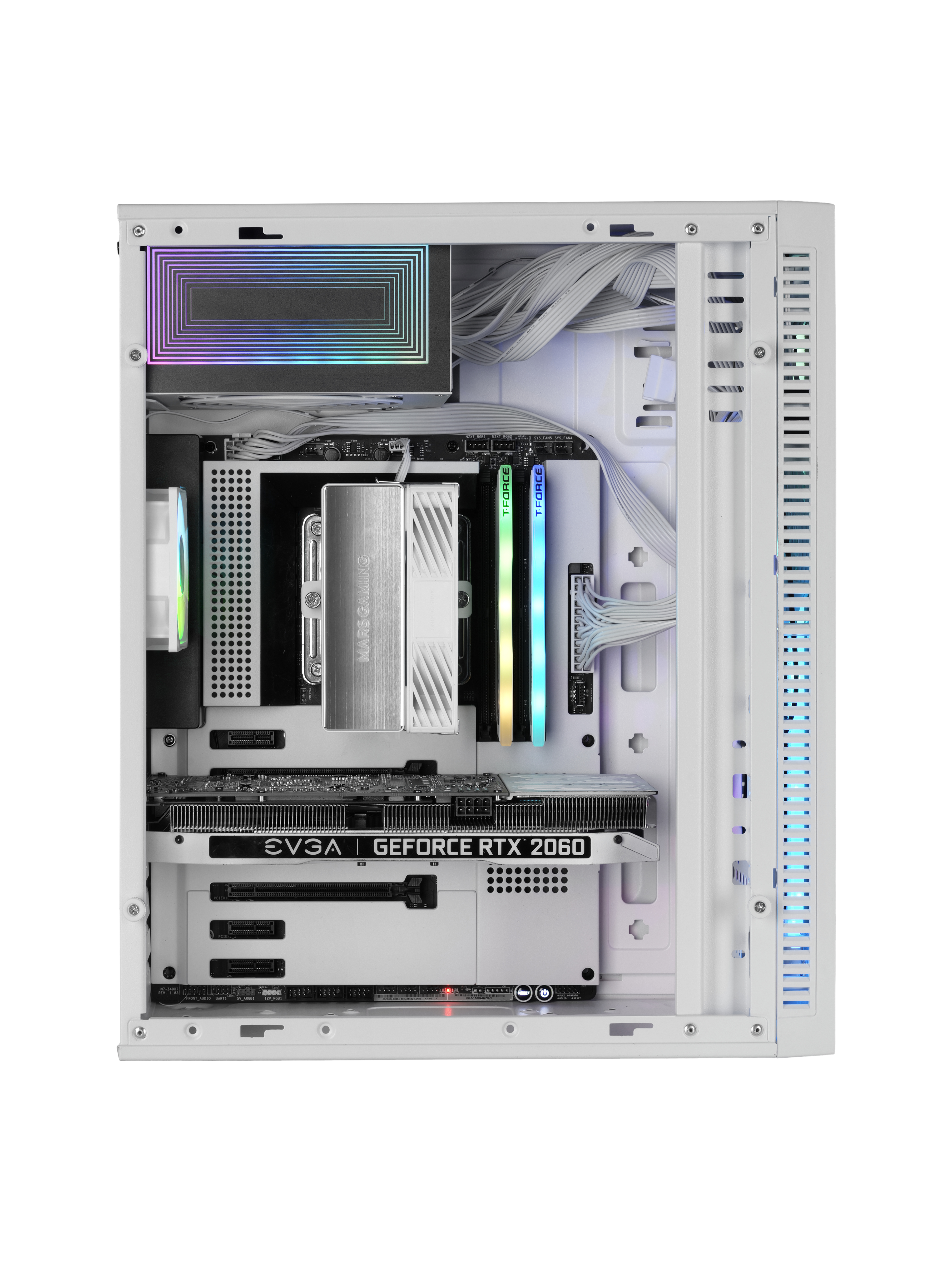Case per computer bianco con componenti interni. All'interno c'è una scheda grafica.