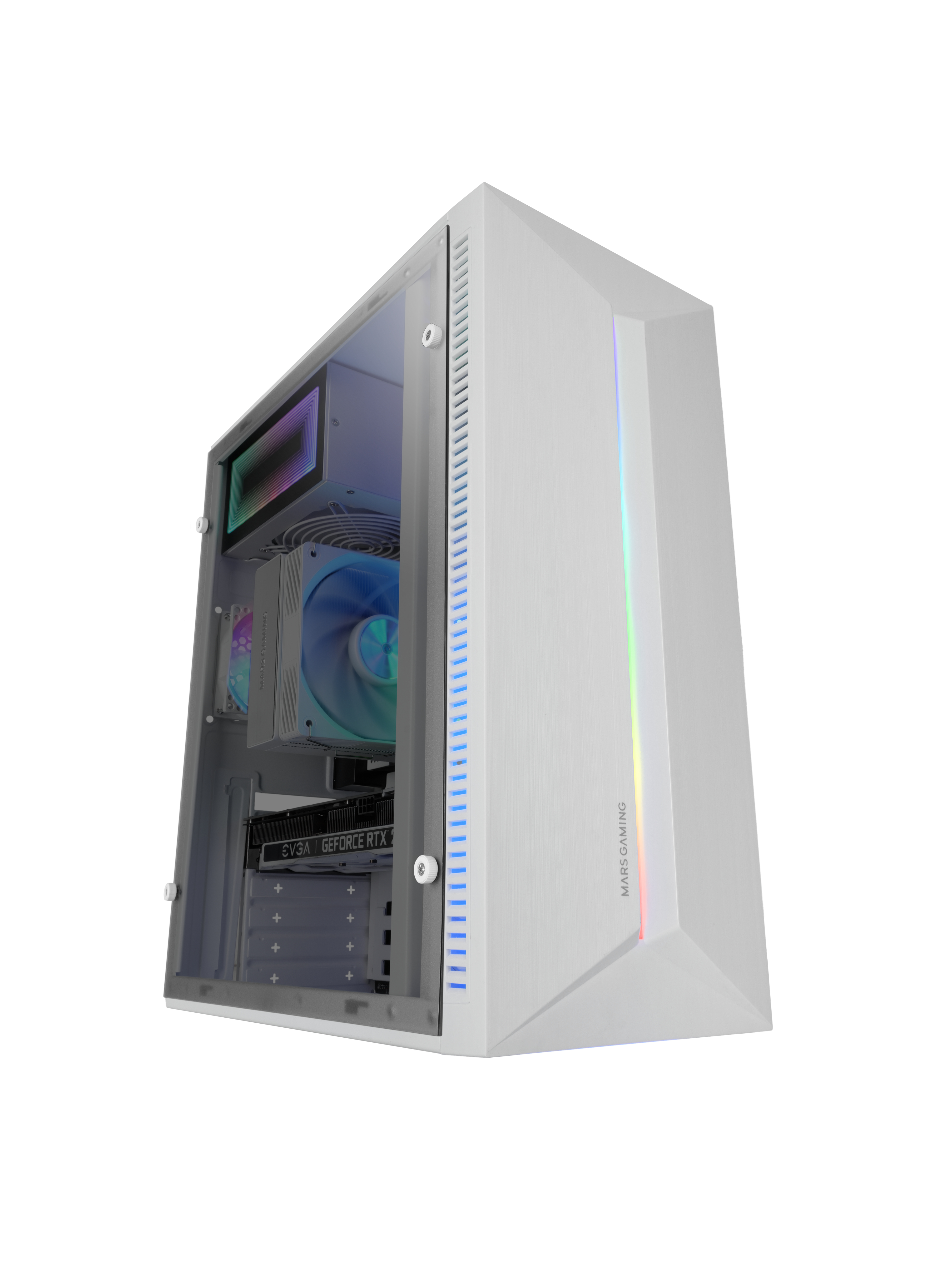 Case per computer bianco con pannello in vetro. Interno visibile, illuminato da luci arcobaleno.
