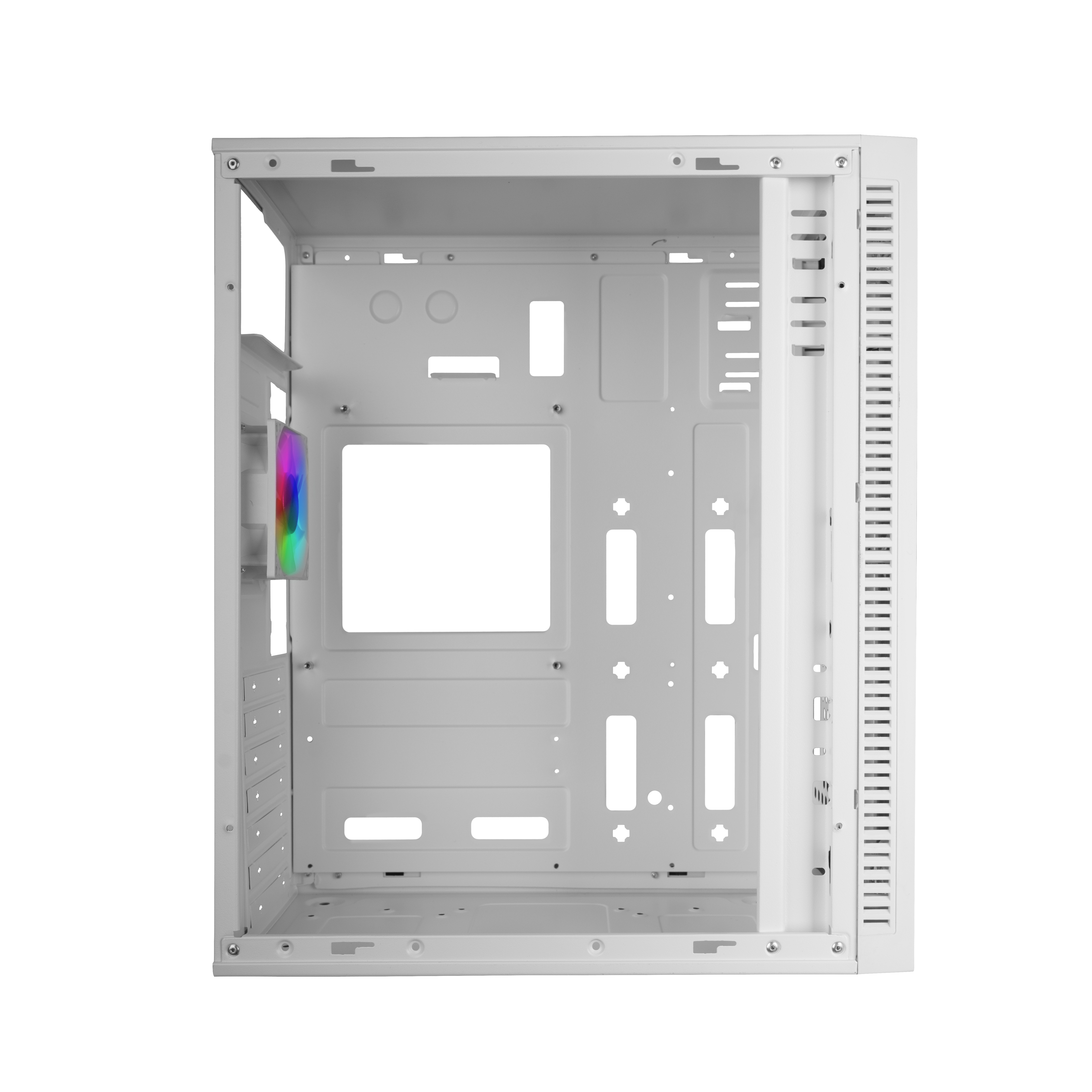 Interno del case PC bianco, vuoto. Struttura interna visibile per i componenti.