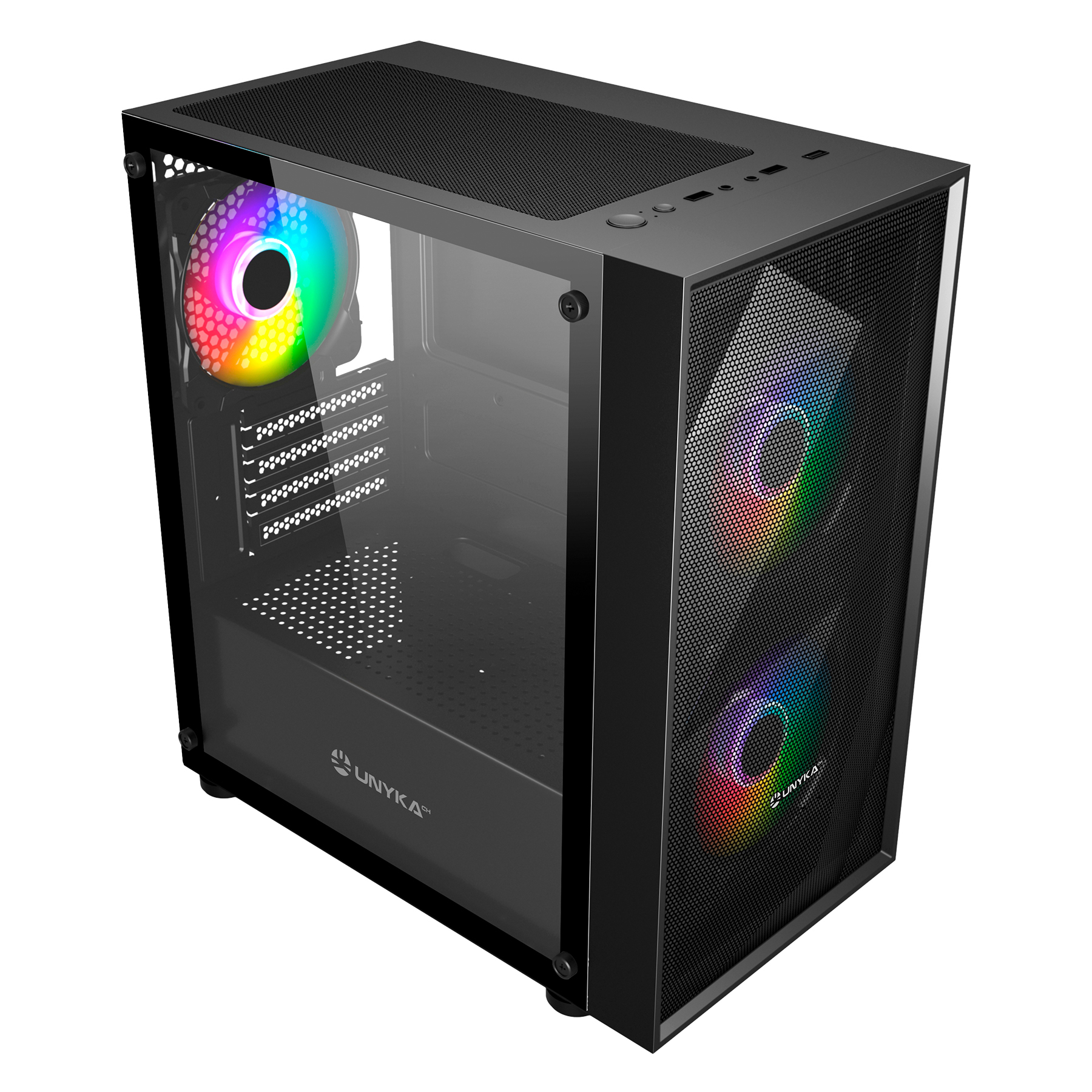 Case PC nero, pannello in vetro, ventole arcobaleno e logo Unyka. Interno visibile.