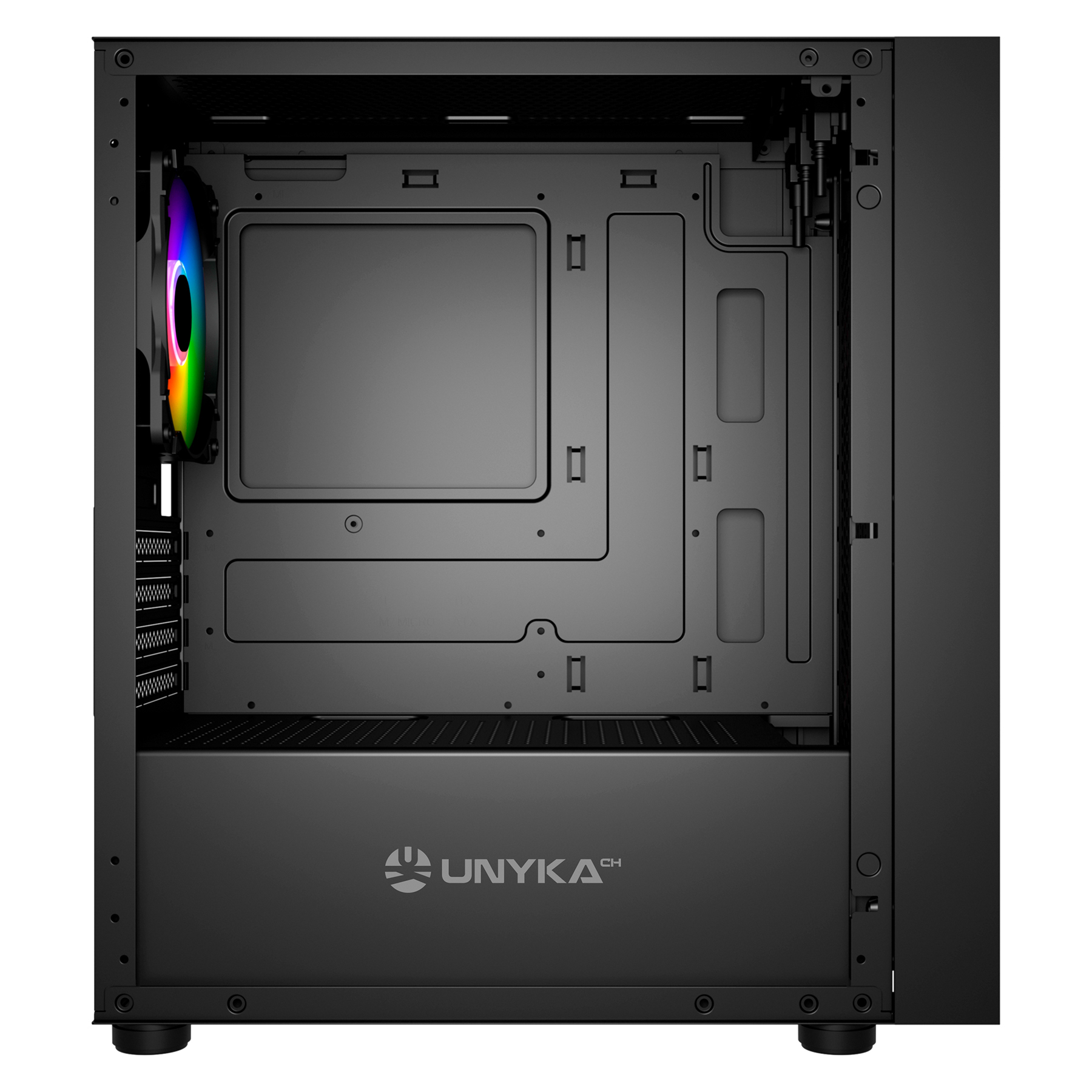 Case PC nero con interno aperto. Ventola arcobaleno visibile, logo Unyka.