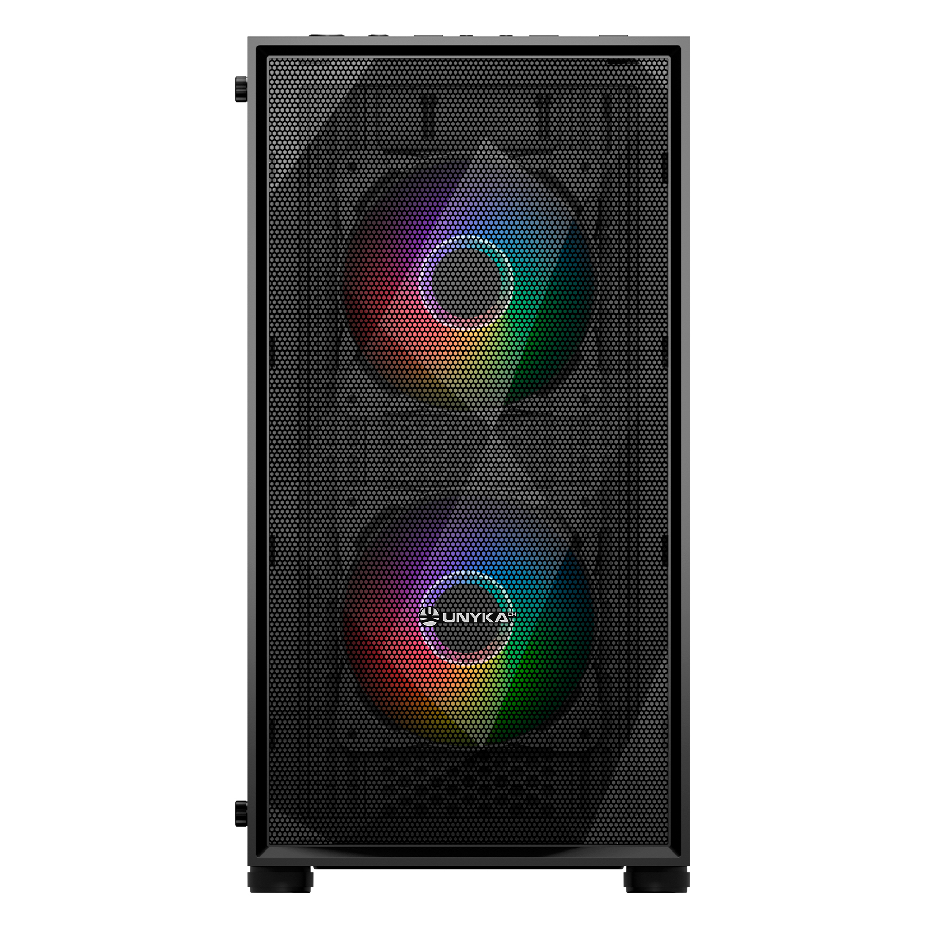 Case PC nero con due ventole arcobaleno. Design del pannello frontale a rete.