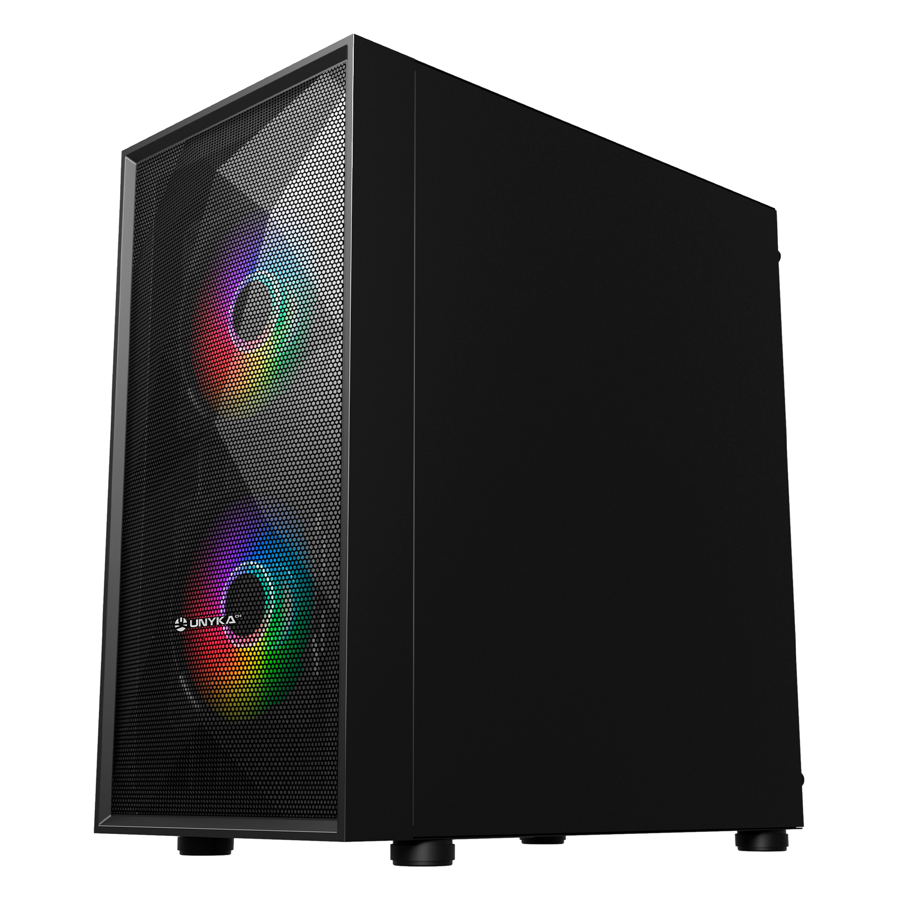 Case per computer nero con ventole arcobaleno e frontale a rete.