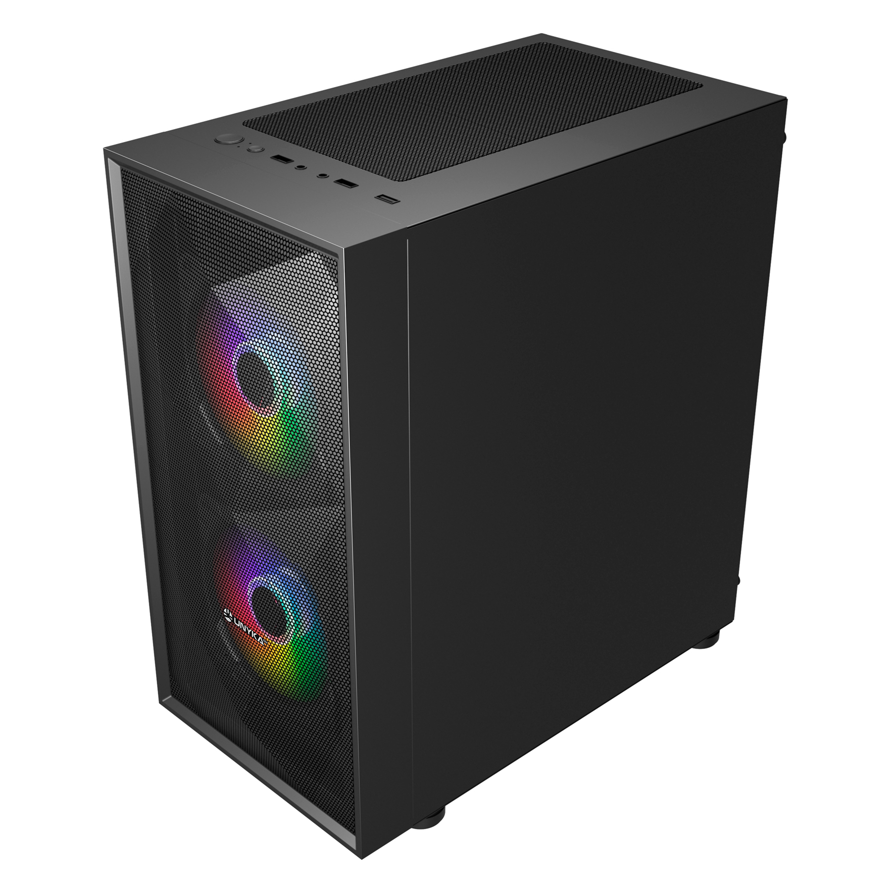 Case per PC nero con due ventole con luci RGB.
