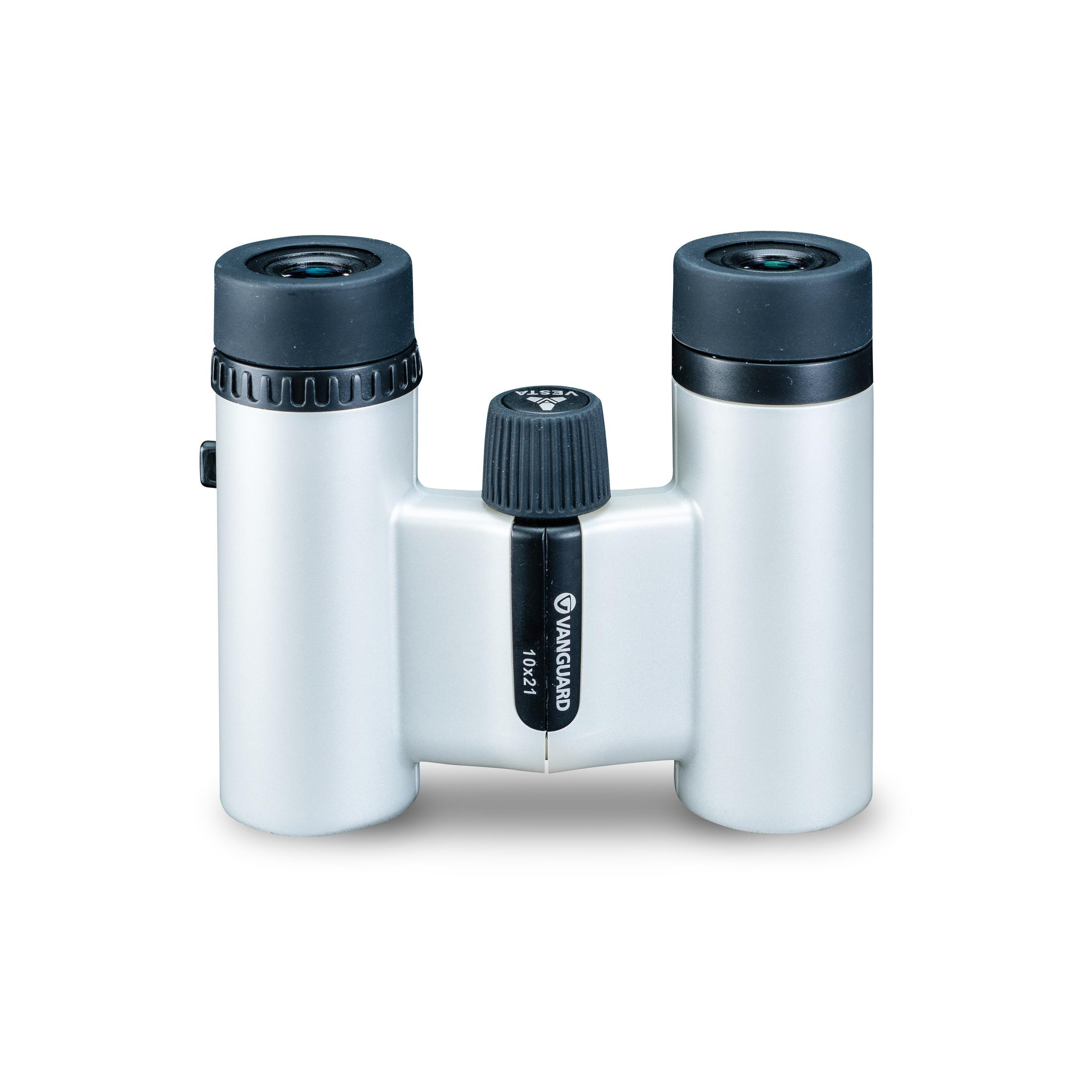 Biała lornetka z czarnymi detalami, wyśrodkowana, na białym tle.