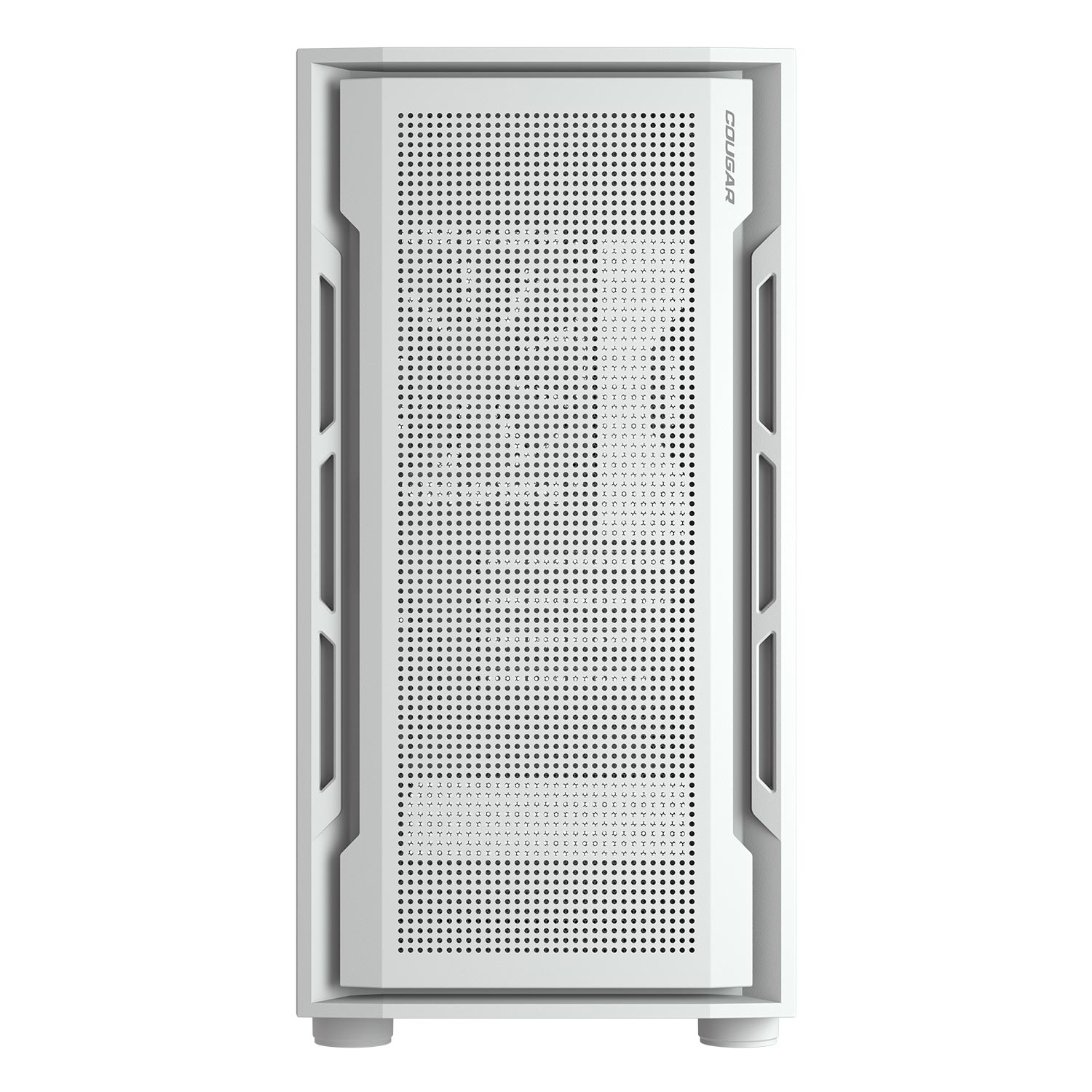 Vista frontale di un case per computer bianco. Ha un pannello frontale a rete e il marchio è COUGAR.